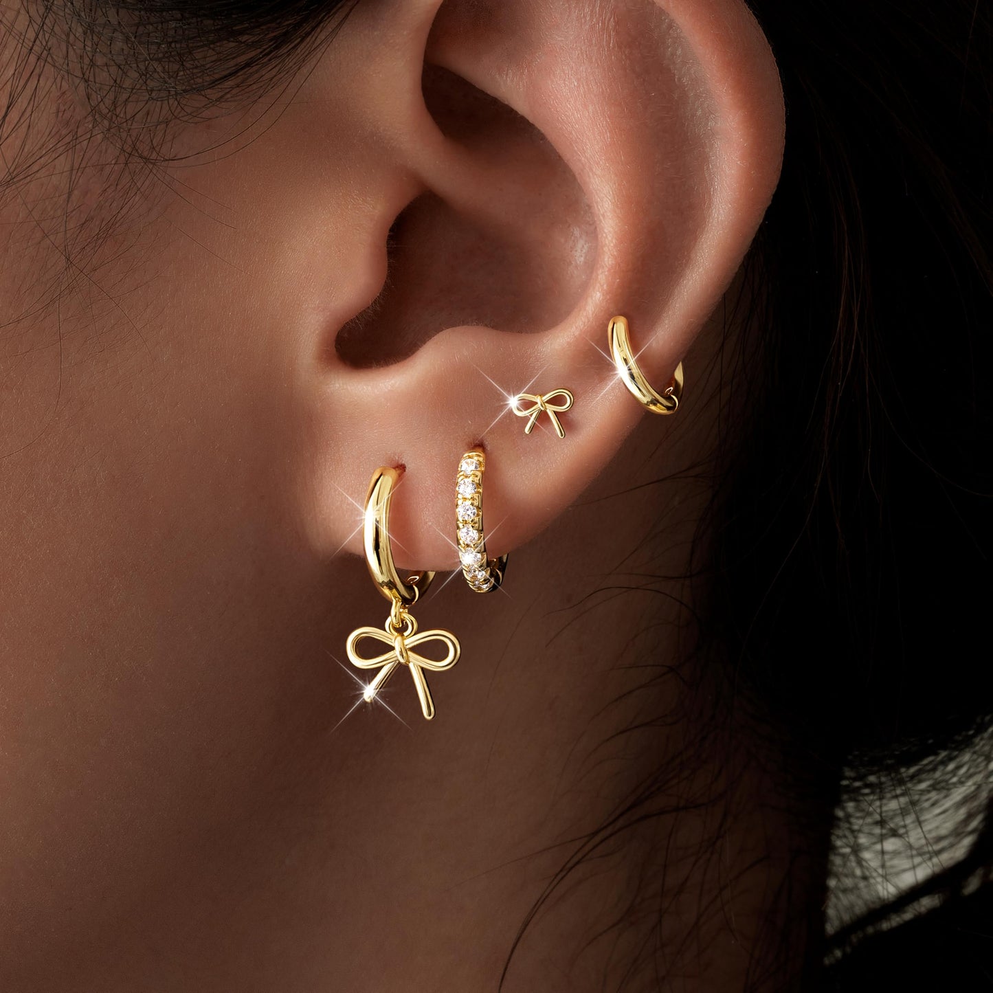 Gold Bow Earrings for Women,Huggie Small Stack Cartilage Stud Hoop Earring Sets for Multiple Double Piercing, Conch Helix Rook Tragus Daith Piercing Gold Clip On Jewelry Set Gifts