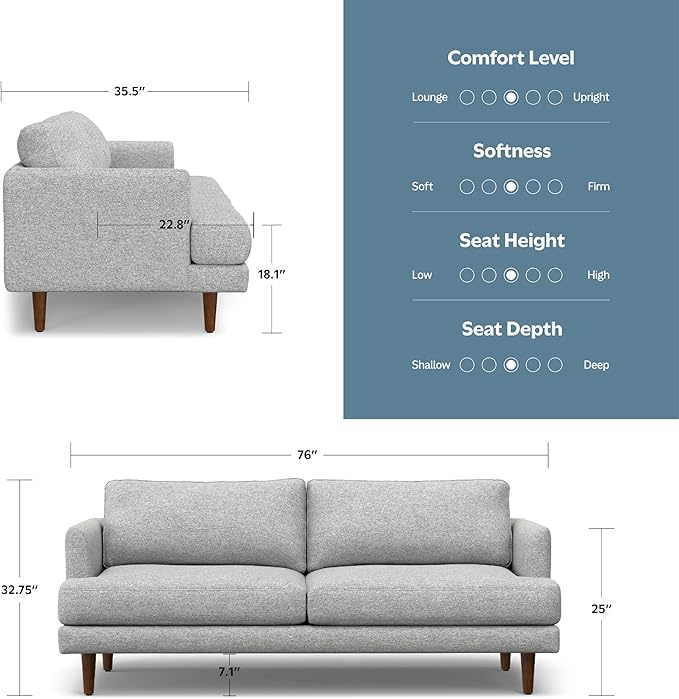 SIMPLIHOME Livingston 76-inch Wide Sofa in Mist Grey Woven-Blend Fabric, Handcrafted Loveseat Couch for Living Room or Family Room, Mid-Century Modern Style, Solid Wood Frame