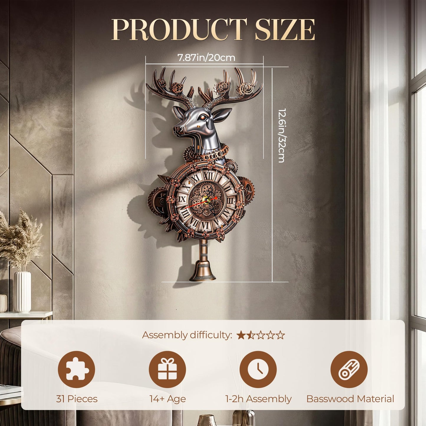WDPINTU 3D Wooden Clock Puzzle – Steampunk Deer Head Design – DIY Model Kit for Adults & Teens (15+) – Unique Wall Decor with Roman Numerals – Gift-Ready Packaging