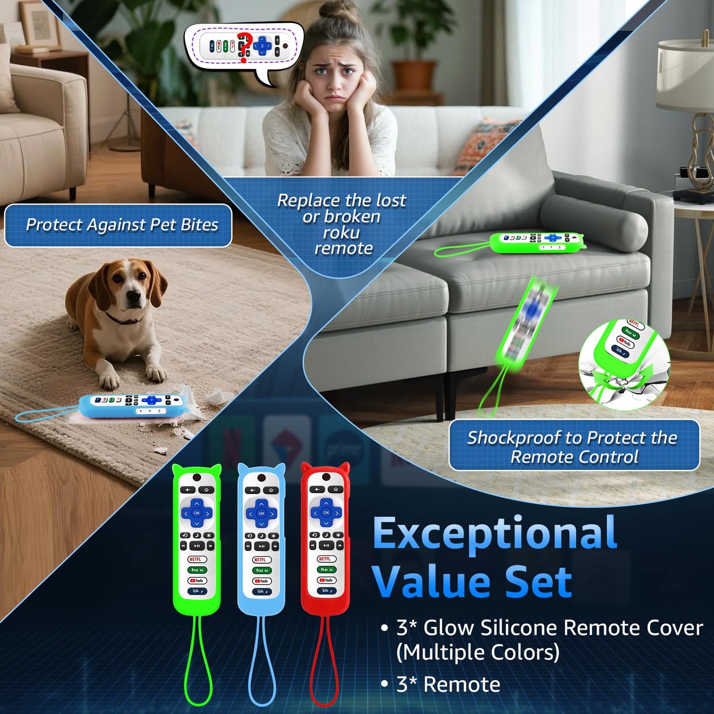 (Pack of 3) Replacement Remote Only for Roku TV with Soft Silicone Protective Cover (Glow in The Dark), Universal Remote for TCL/Onn/Hisense/Sharp/Element/Philips Roku Smart TV (Elegant White)