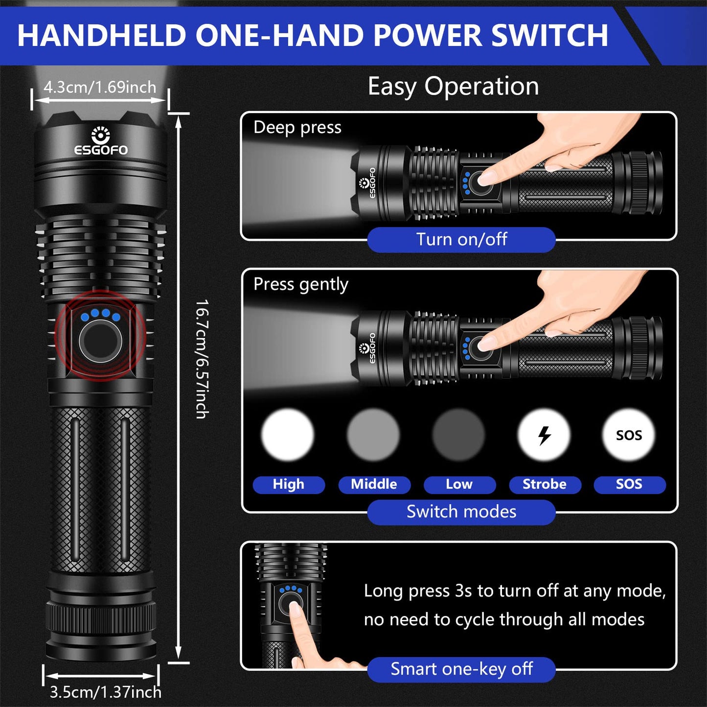 Esgofo Flashlights High Lumens 100000 Rechargeable, Super Bright Handheld LED Flash Light, Powerful Emergency Linternas, Waterproof, Long Lasting, for Hiking Camping Gift