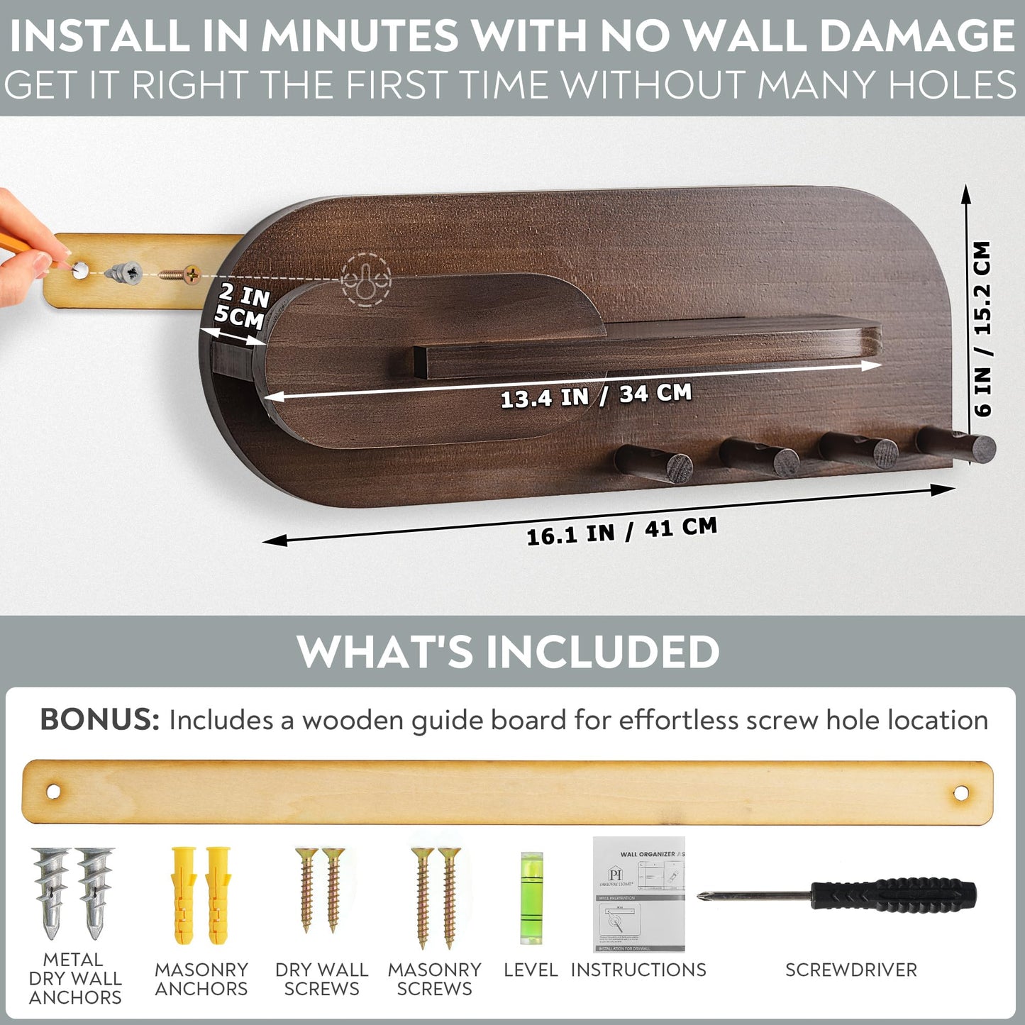 Solid Wood Mail and Key Holder for Wall Decorative Display - Includes Mail Holder, Shelf with Hooks for Keys & Pegs for Hanging Hats, Coats, Bags, Backpacks & More - Sleek Modern Design, Walnut Brown