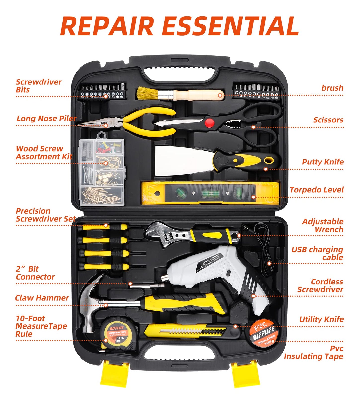 DIFFLIFE 136 Piece Tool Set,General Household Hand Tool Kit with Plastic Toolbox Storage Case-136 Piece…