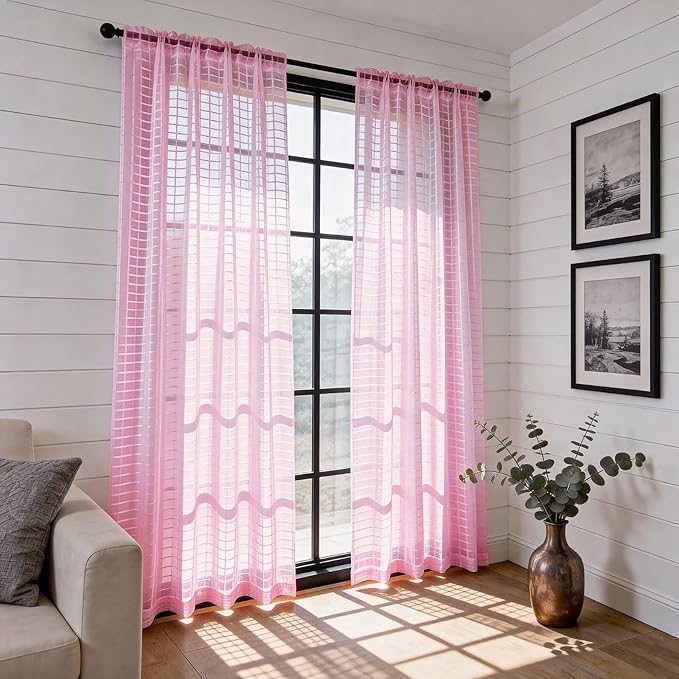 SpaceDresser Check Sheer Curtains 54 Inches 2 Panels Set, Rod Pocket Plaid Window Curtain for Living Room, Pink Semi Sheer Drapes for Kitchen Bedroom Children Room Yard（Pink, 52W x 54L）