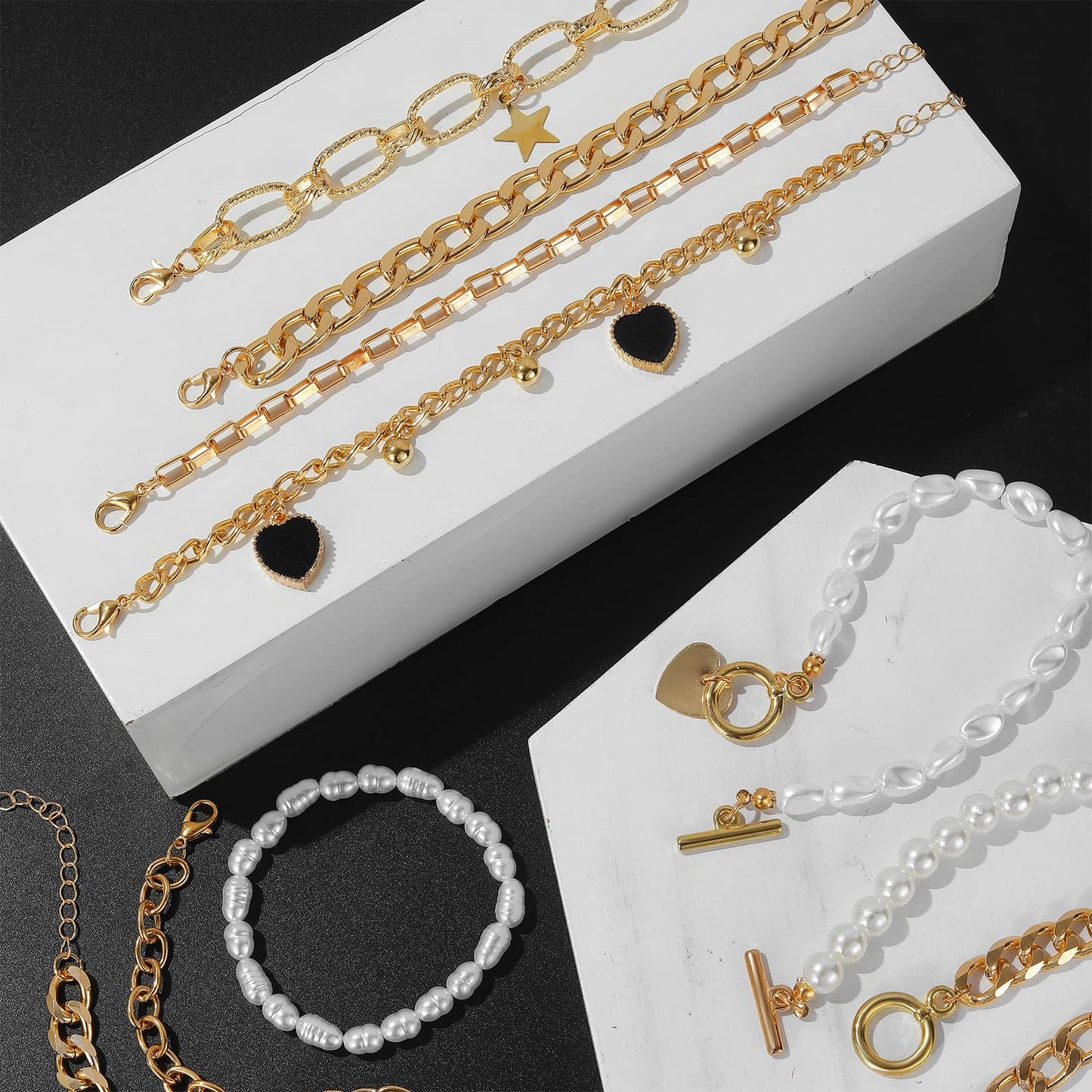 IFKM 6 PACK (22 PCS) Gold Chain Bracelets Set for Women, 14K Gold Plated Multiple Layered Stackable Open Cuff Wrap Bangle Bracelet Adjustable Link Italian Cuban Jewelry for Women Gift