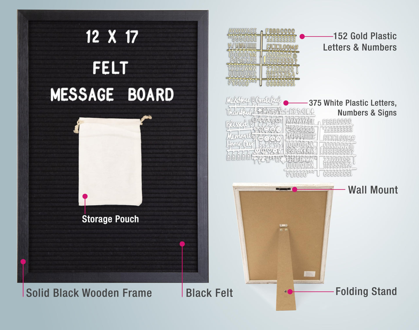 Real Wood Framed Felt Letter Board, Changeable Message Board, 12" x 17", Folding Stand and Wall Mount, 500+ Pieces of White & Gold Letters, Numbers &Words, by Better Office Products (Black/Black)