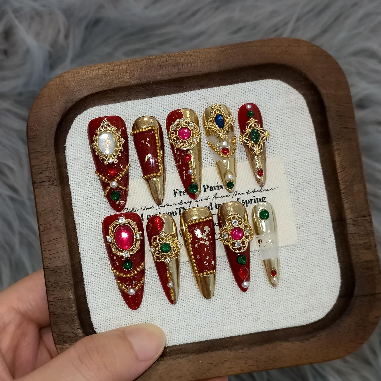 TENPAL Imperial Bridal Press On Nails Long Stiletto,Phoenix Vermeil Ruby Filigree Designs Glue on Nails,Heirloom Cameo False Nails 10Pcs with Tools Kit,Reusable Wedding Fake Nails for Bride Matron(S)
