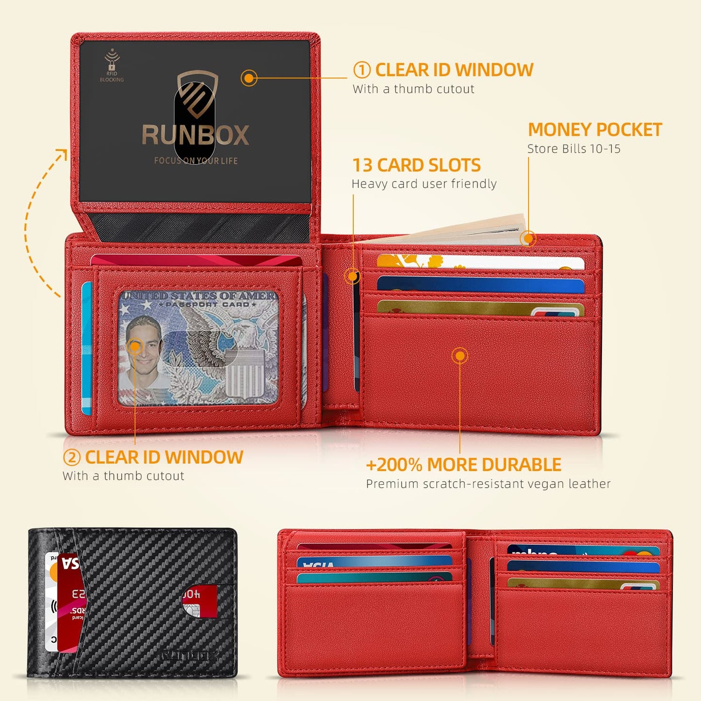 RUNBOX Wallet for Men and Women Slim Rfid Leather 2 ID Window With Gift Box