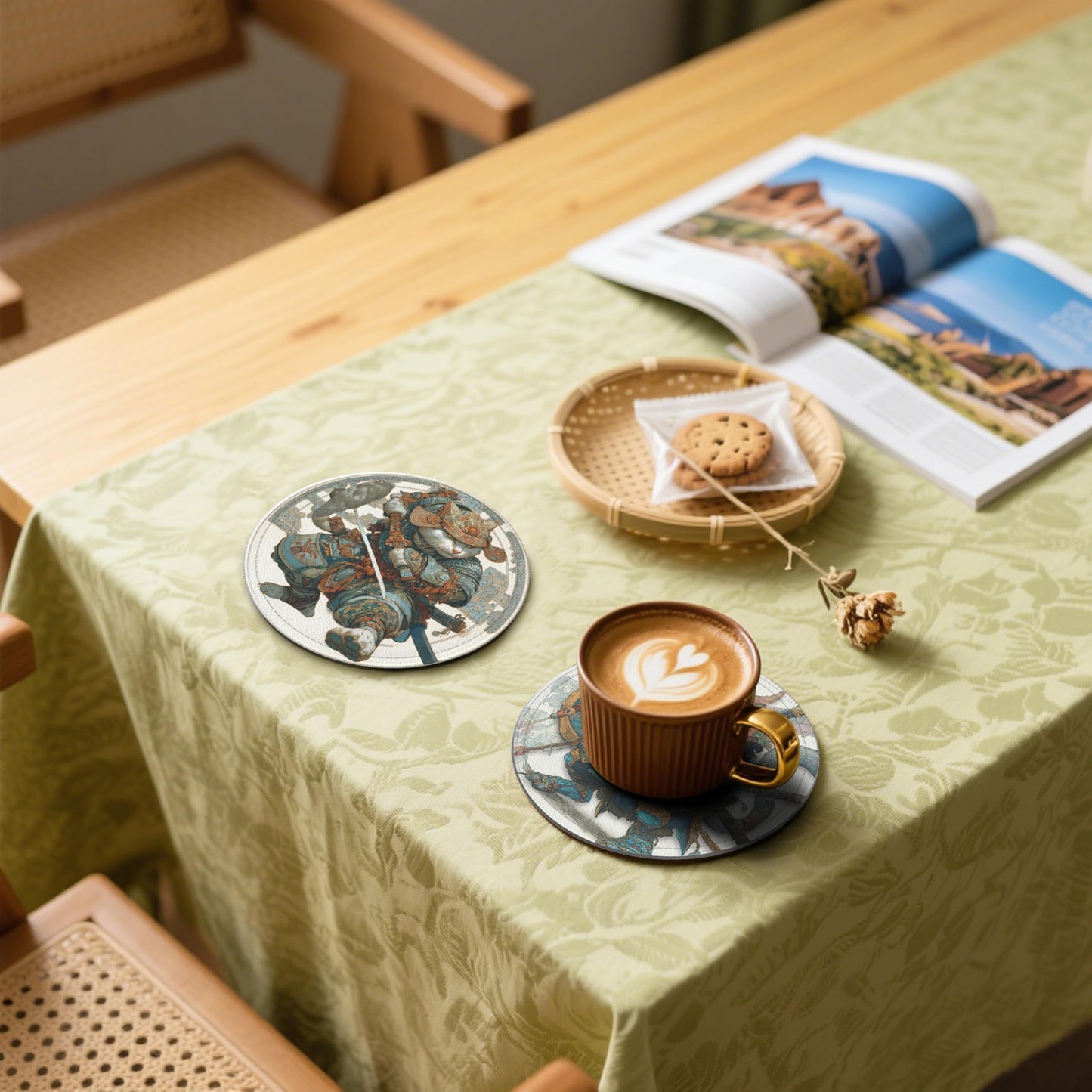 Japanese Cat Coasters Leather Round Drink Coasters 6 Pcs Set with Holderor for Cup Drink Coffee Table Bar Home Decor
