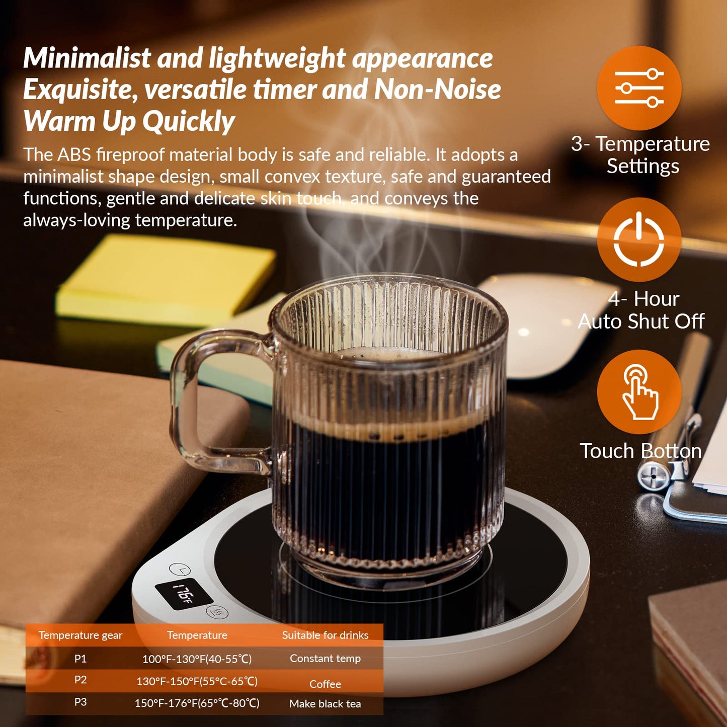 Mug Warmer, Upgrade Coffee Warmer & Cup Warmer for Desk with 3 Temperature Settings, More Hot Coffee Mug Warmer with Timer & 4H Auto Shut Off for Keep Best Flavor for Cocoa, Tea, Water, Milk, Black