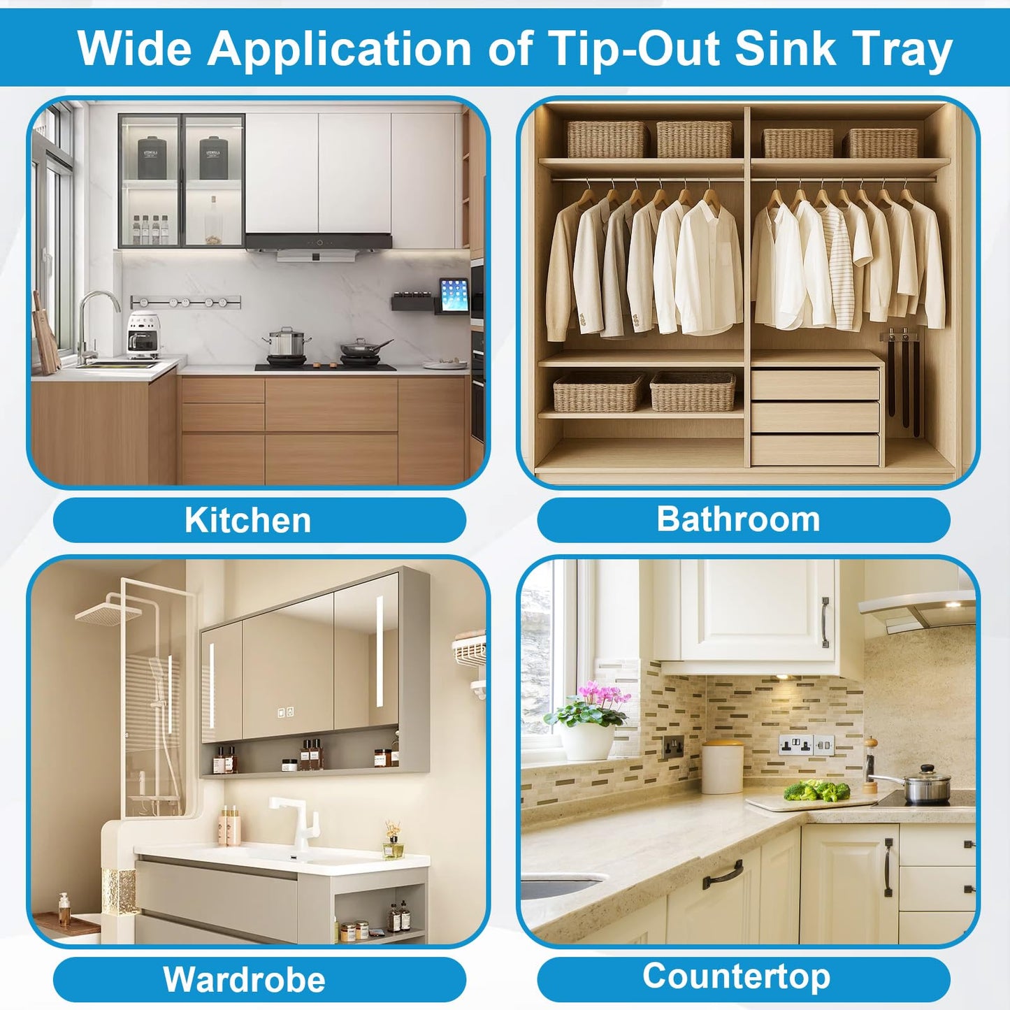 Upgraded 11" Tip-Out Plastic Sink Trays with Steel Hinges Kitchen Sink Tip Out Tray Kit, Pullout Organizer Cabinet Storage for Kitchen & Bathroom with 8 Mounting and 4 Screws, White (2 Pack)