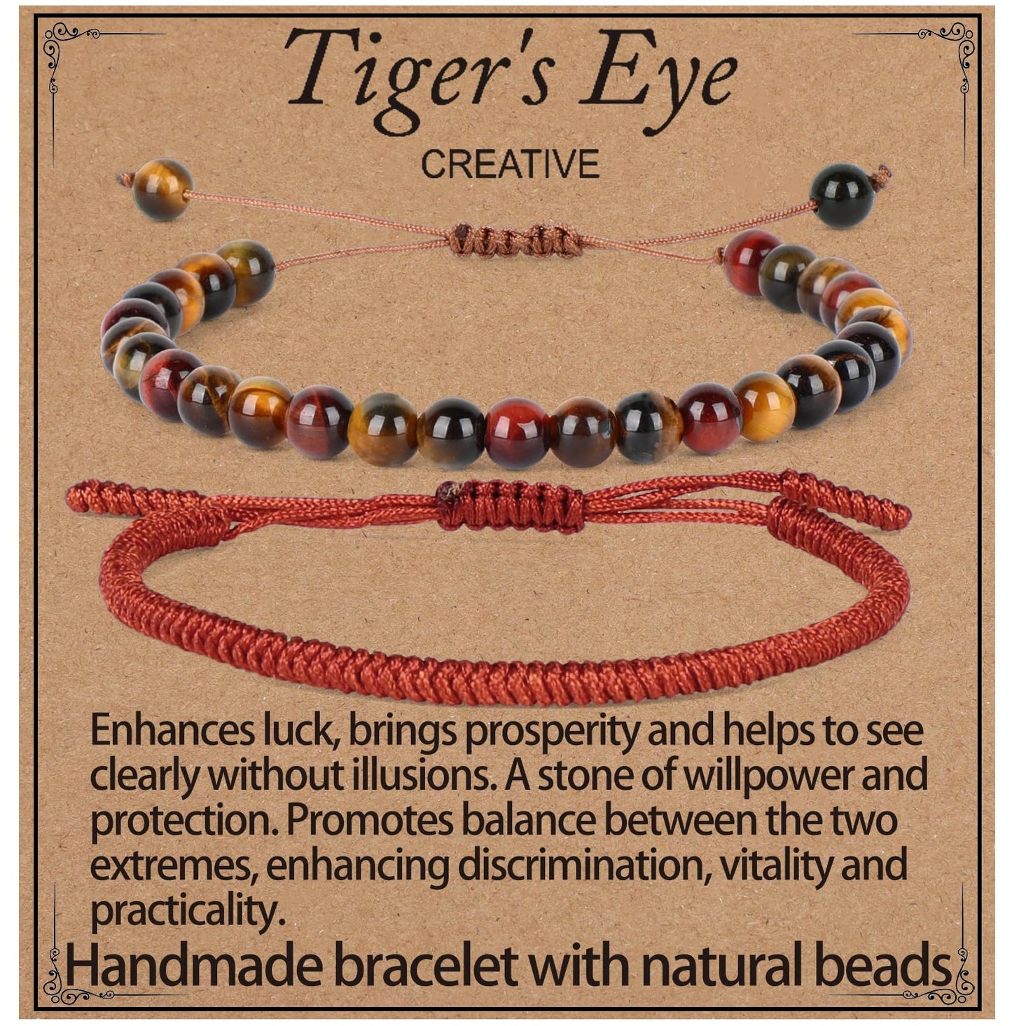 LPBeads 6mm Multicolor Tiger's Eye Bracelet with Handmade Rope Bracelet Size Adjustable Natural Stone Crystal Healing Bracelets Gifts for Unisex Adults