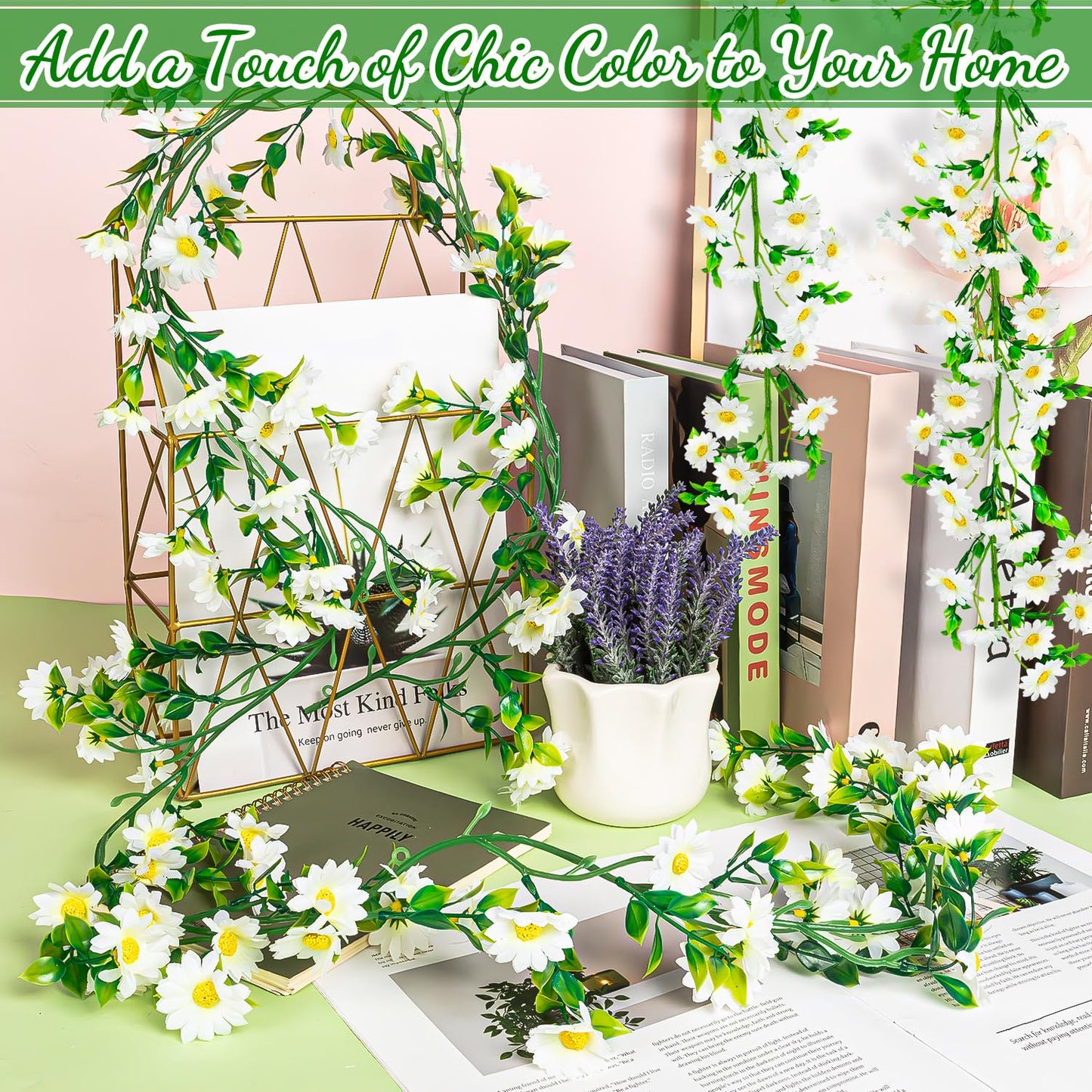 4 Pack Artificial Daisy Flowers Vine, 27.2 Ft Silky Artificial Garland with White Daisy and Vine Floral Garlands Decoration for Room Wall, Flower Themed Party, Wedding Supplies