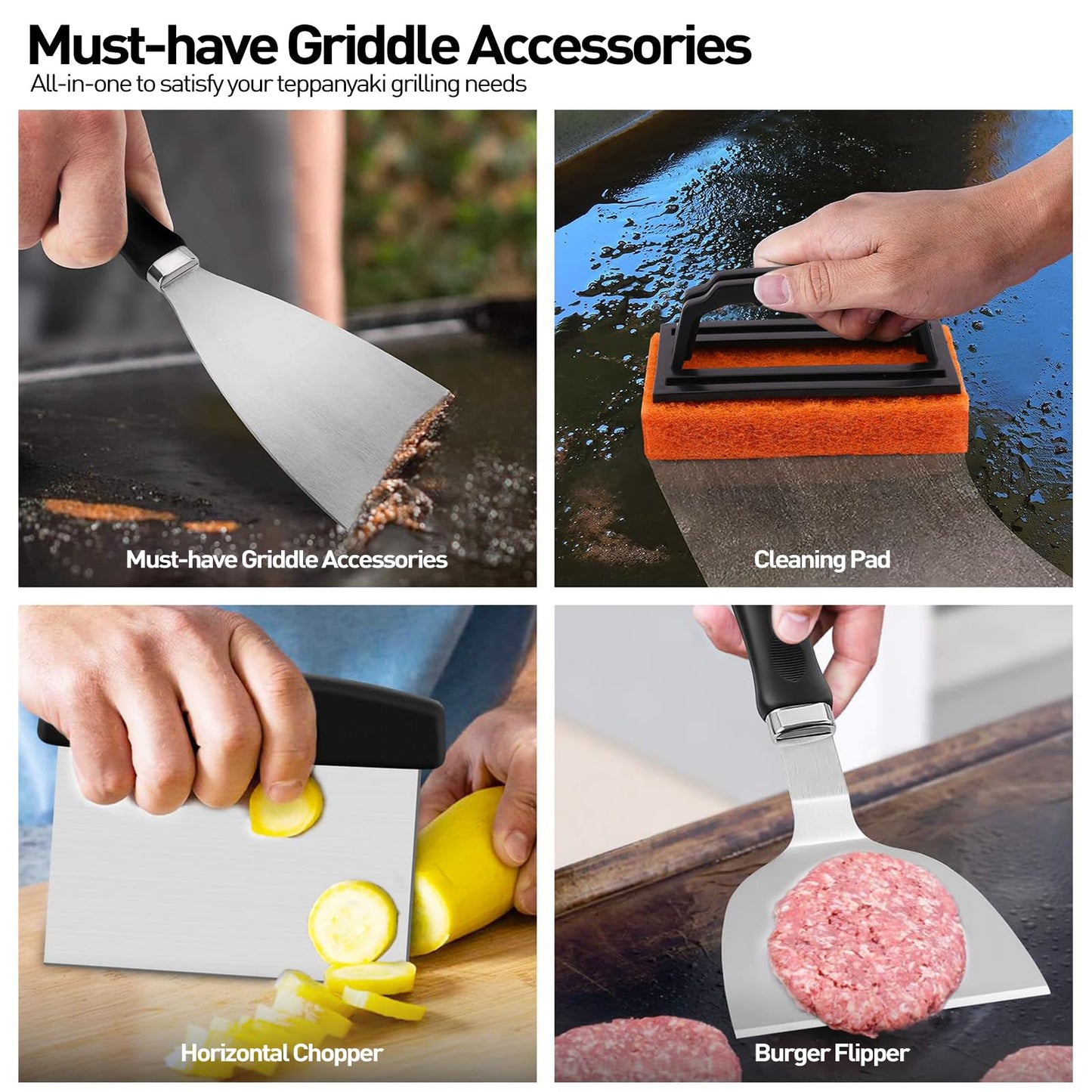 APSARAS USA 27pcs Griddle Accessories Kit for Blackstone, Grilling Accessories,Hibachi Enlarged Spatula Gift Set with Basting Cover,Flat Top Grill Accessories, Burger Press Patty Maker,Storage Bag