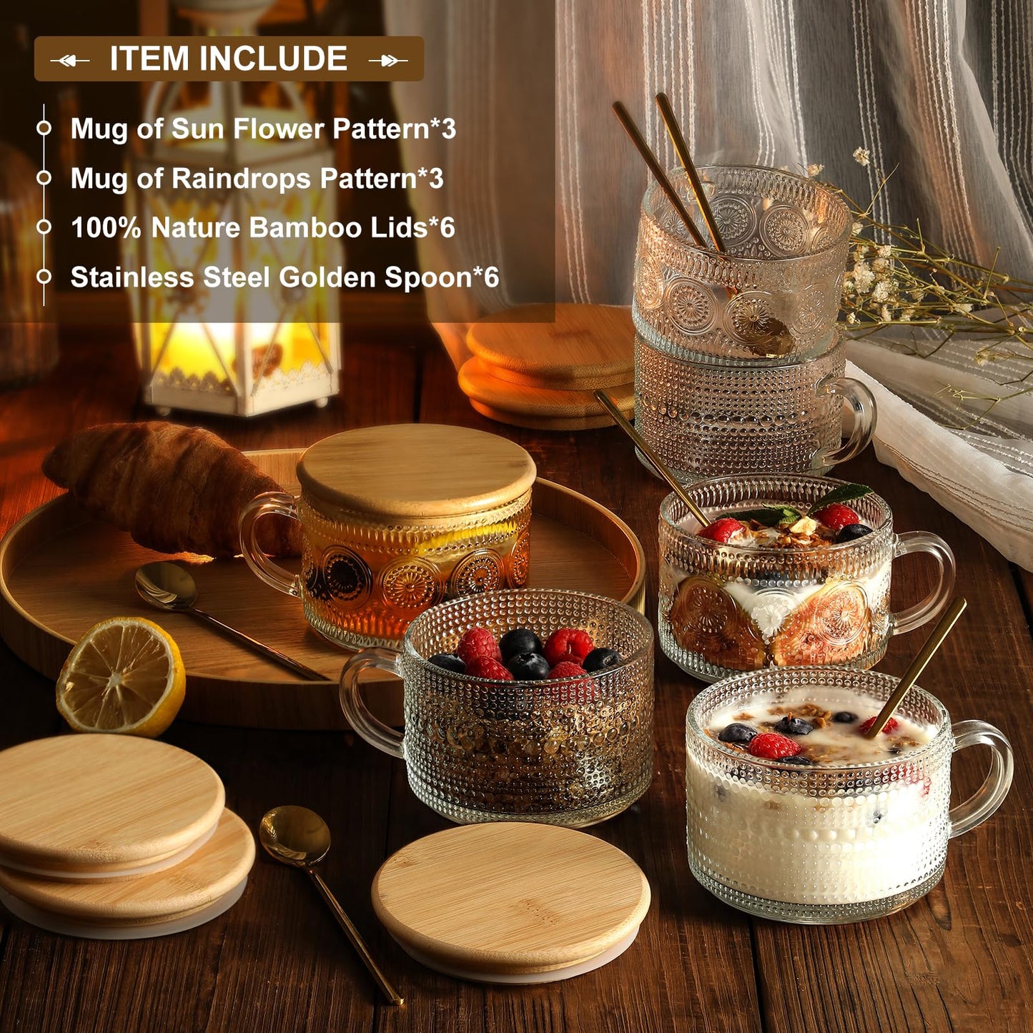 LANDNEOO 6 Pack 14oz Vintage Glass Coffee Mugs with Bamboo Lids and Spoons, Green Embossed Drinking Glasses for Iced Coffee, Tea, Latte