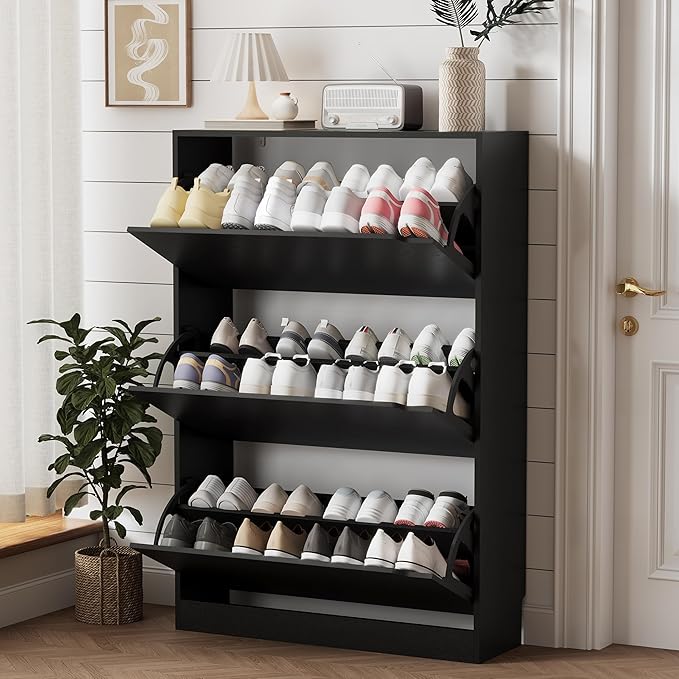 Shoe Storage Cabinet for Entryway with 3 Flip Drawers, Sturdy Wood Hidden Shoe Storage, Freestanding Narrow Slim Shoe Organizer for Front Door Entrance, Living Room, Hallway, Bedroom, Black