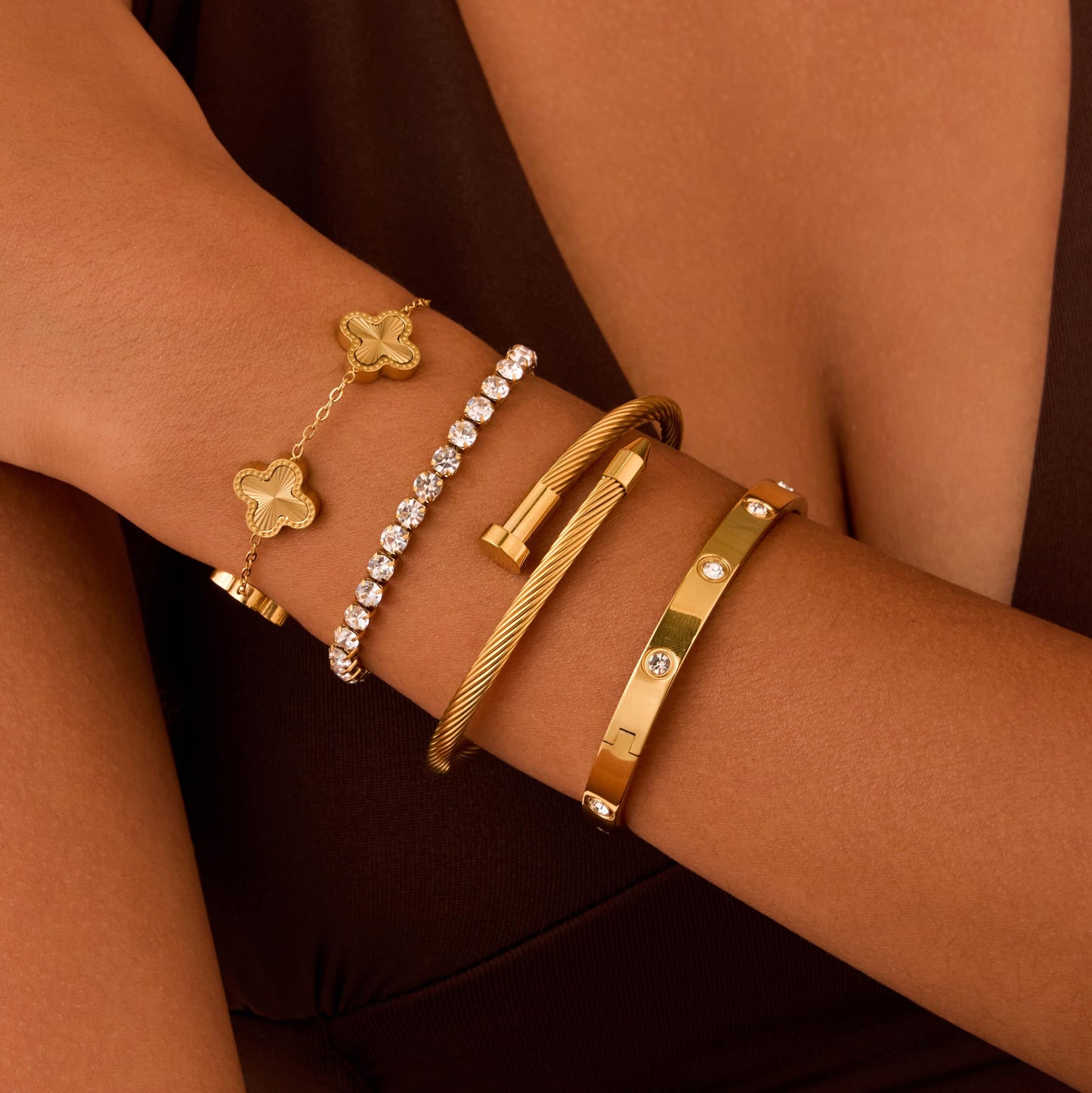 Jzrow 18K Gold Plated Bangle van cleef Bracelets Stack for Women,Four Leaf Clover Stackable Bracelets Non Tarnish,4 Pcs Jewelry sets Gifts (Gold)