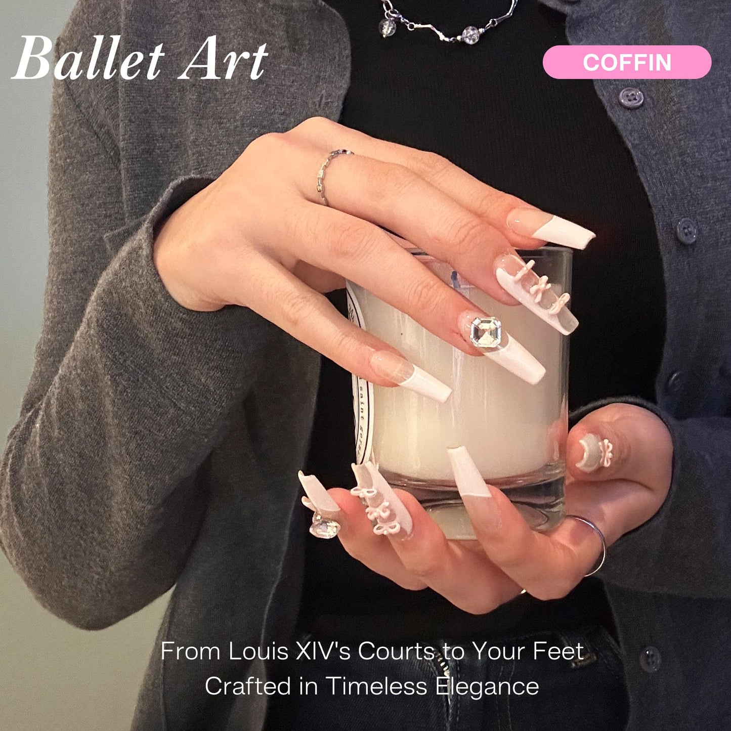 CALAILIS Handmade Press On Nails - Coffin Fake Nails Design By Nail Technician, Reusable 3D Painted Nail Art (Ballet Art, M)