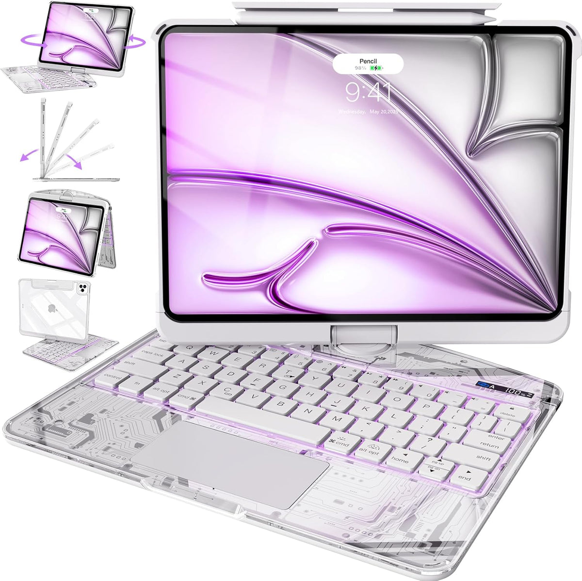 Intermerge for iPad 9th 10.2 inch Keyboard Case, 360° Transparent Multi-Touch Trackpad, 7-Color Backlit Keyboard, Pencil Holder, Type-C, Power Indicator for 9th/ 8th/ 7th - Frost Pulse