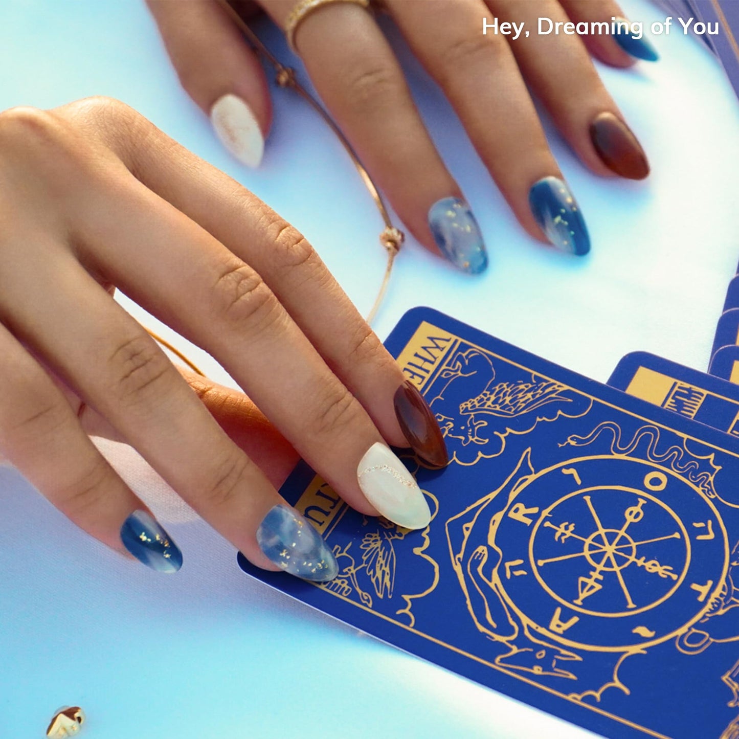 Heyhae Semi Cured Gel Nail Strips | No LED Lamp Needed | Marble, Blue, Spring | Easy Apply & Remove, Salon Quality | Includes 28 Strips, 1 Prep Pads, Nail File & Wooden Stick - Hey, Dreaming of You