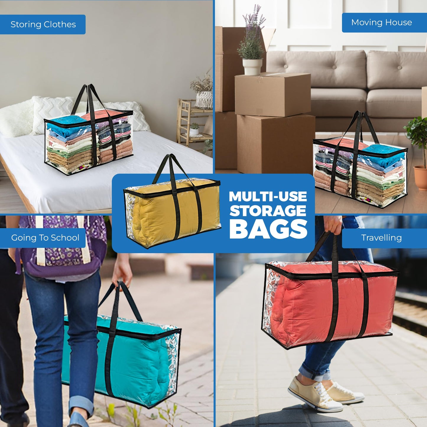 VitalUp 2 Pack Clear Large Moving Bags, Heavy Duty Storage Bags, College Totes, Storage Bins, for Organizing Blankets, Clothing for College, Dorm, Packing, Durable with Zipper and Handle 25x14x12
