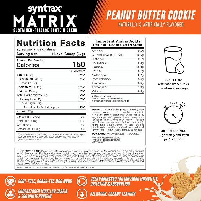 Syntrax Nutrition Matrix Sustained-Release Protein Blend Peanut Butter Cookie with Real Cookie Pieces 2 lbs.