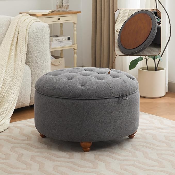 30Inch Round Storage Ottoman with Tray, Modern Tufted Fabric Circle Coffee Table with Storage, Upholstered Ottoman with Removable Top for Living Room, Bedroom, Dark Grey