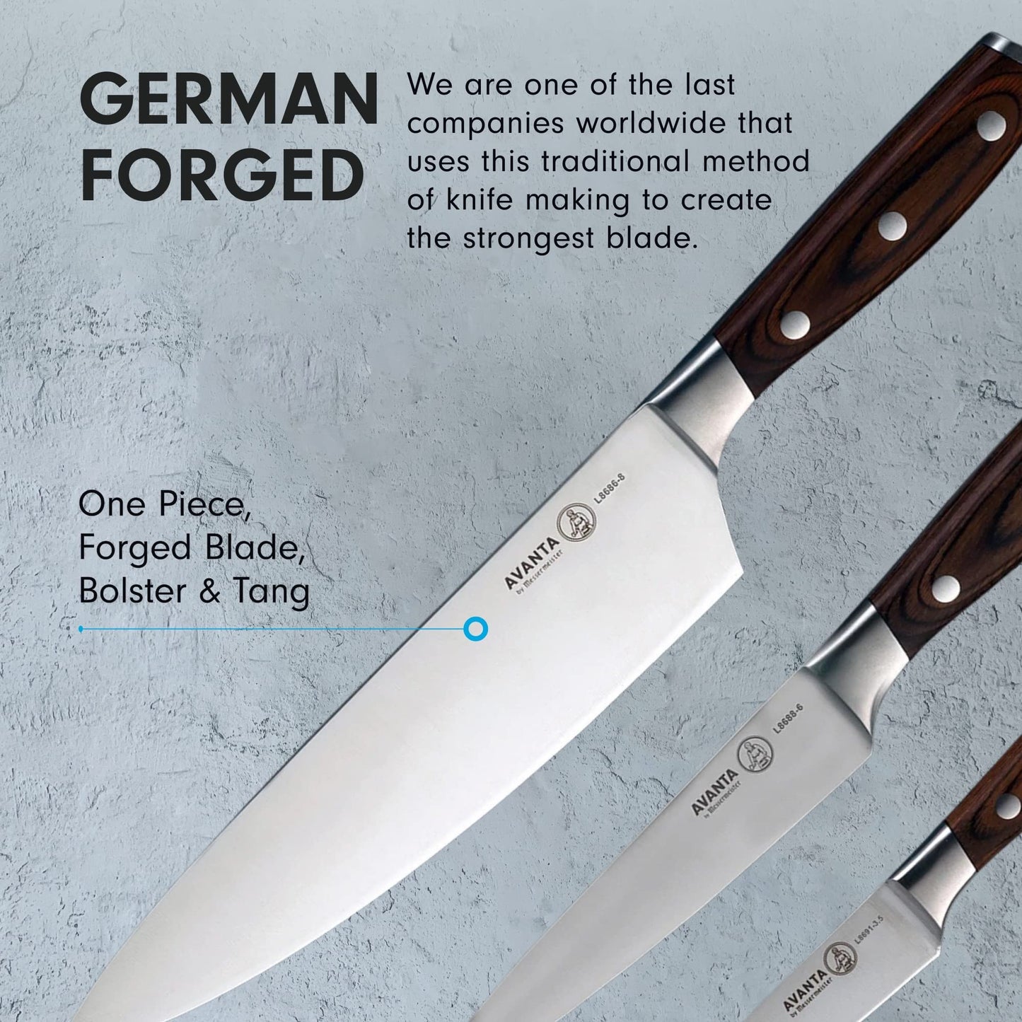 Messermeister Avanta Forged 3-Piece Pakkawood Starter Set - German X50 Stainless Steel - Includes 8” Chef’s Knife, 6” Utility Knife & 3” Paring Knife