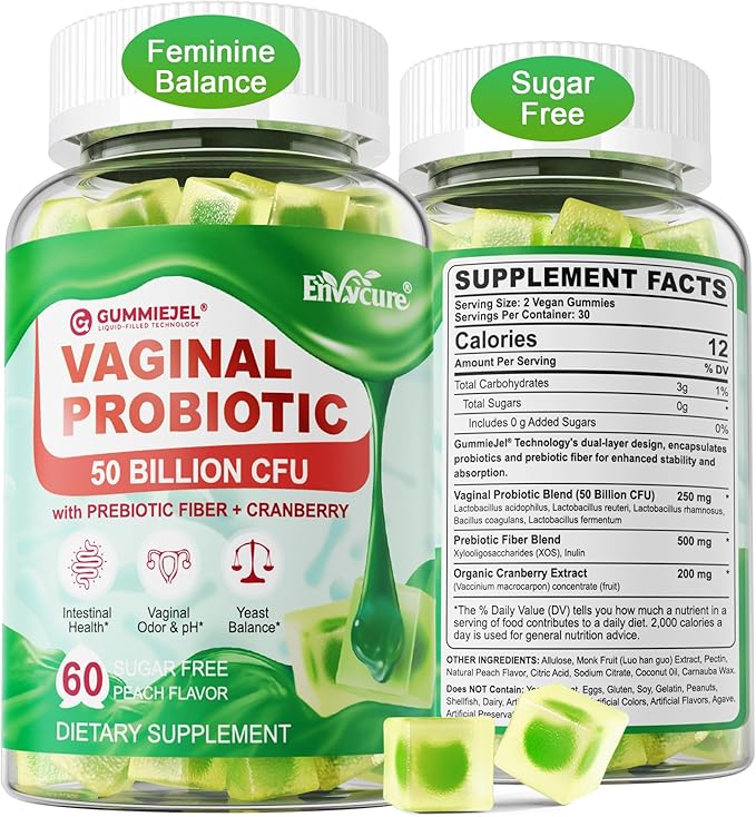 Vegan Vaginal Probiotics for Women Gummies - pH, Odor, Feminine Balance, Yeast, Urinary Tract - 50 Billion CFU Lactobacillus Reuteri, Cranberry, Prebiotics Fiber - Delayed Release - Sugar Free, 60 Cts