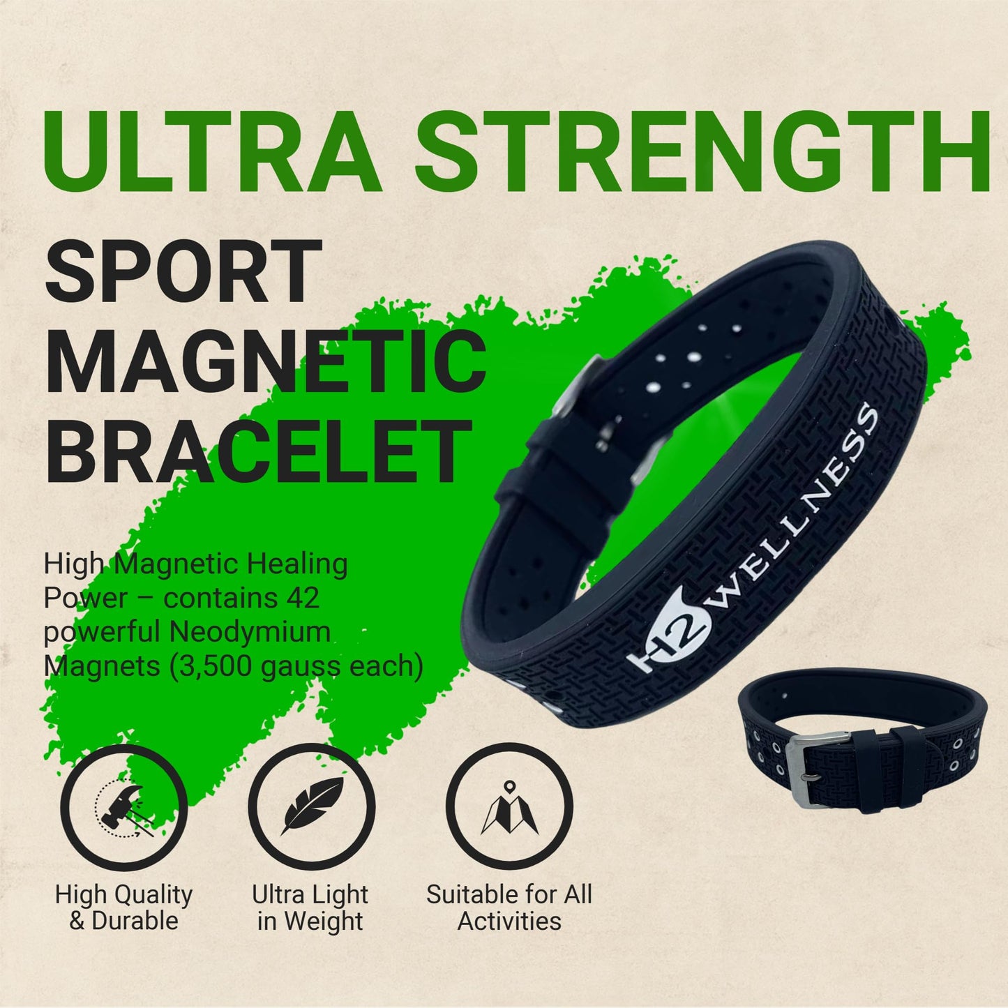 H2WELLNESS Magnetic Therapy Bracelet Super Ultra Strength Waterproof Breathable Comfortable Adjustable Infused with Titanium and Copper Sport Band (Classic Black Clasp Shorter)