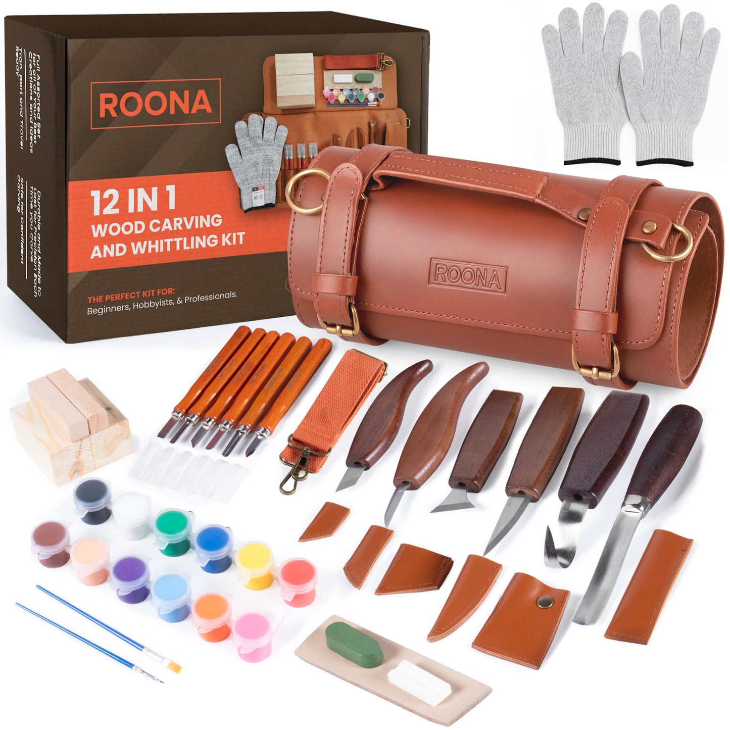 ROONA Wood Carving Kit, 24Pcs with Carving Knives, Chisel Set, Leather Strop, Sharpening Compound with Polisher, Gloves, Paint Set & Basswood Blocks – Whittling Knife Set with Rolling PU Leather Case