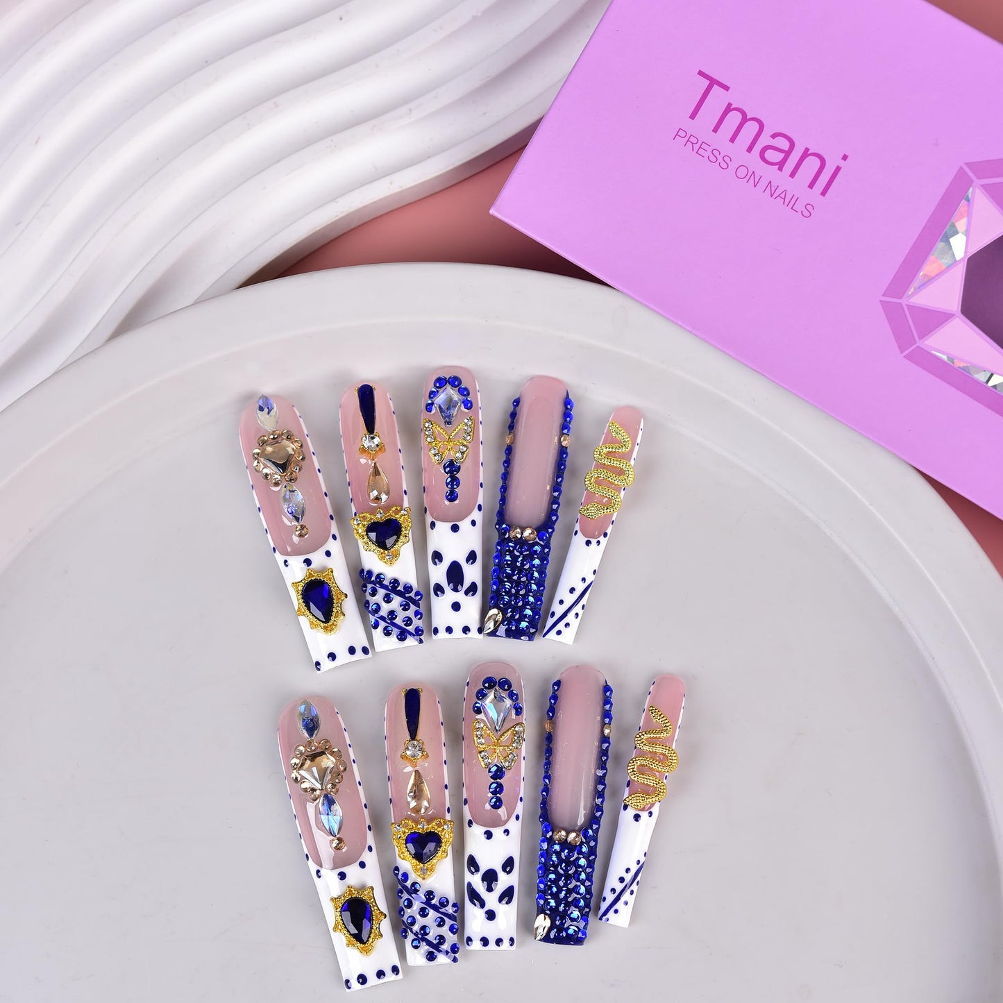 Tmani 10pc/set Extra Long Handmade Press On Nail Hot Girl's Long Ballet Square Nail Full of Diamond Glitter Decoration Fake Nails Suitable For Girls Festival Parties and Birthday Gift（437,Size-S)