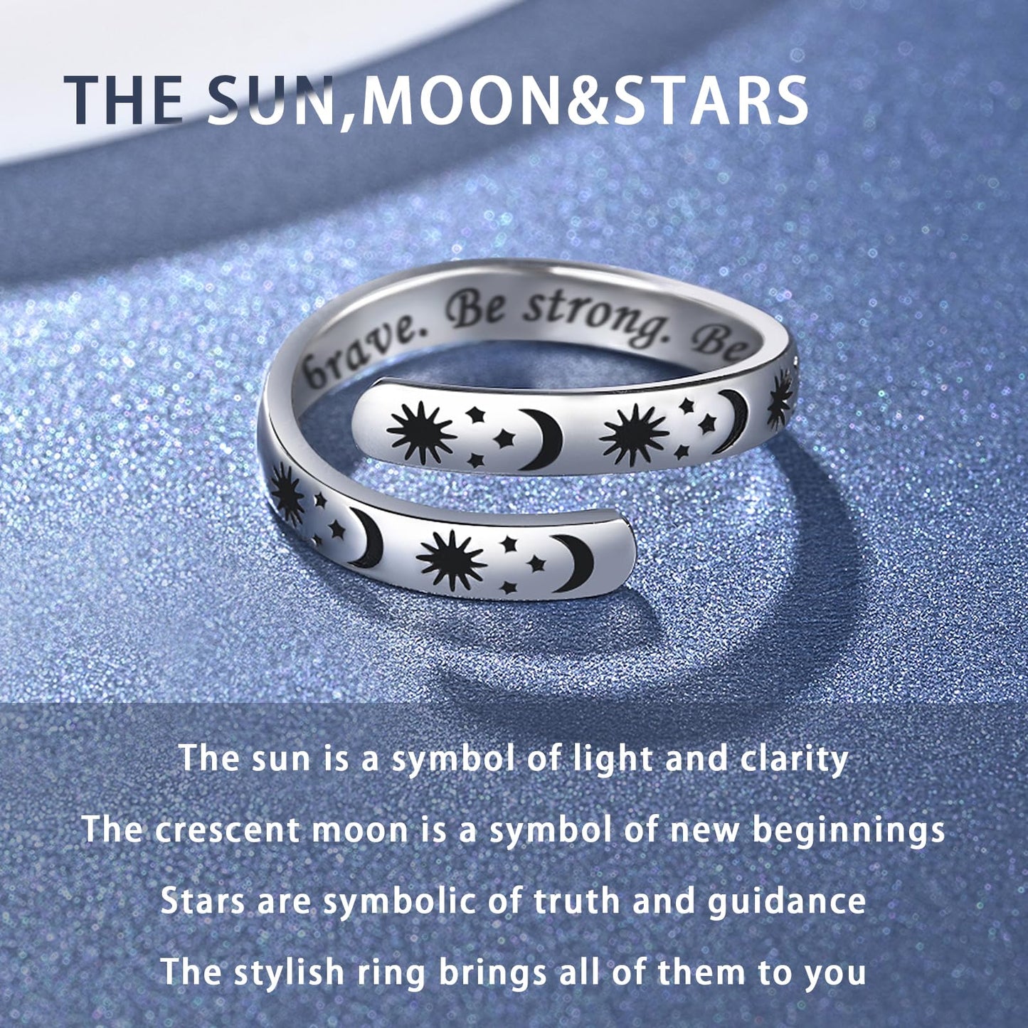 925 Sterling Silver Inspirational Jewelry Adjustable Wrap Open Ring Encouragement Gift for Women (Sun & Moon - Be brave. Be strong. Be bad*)