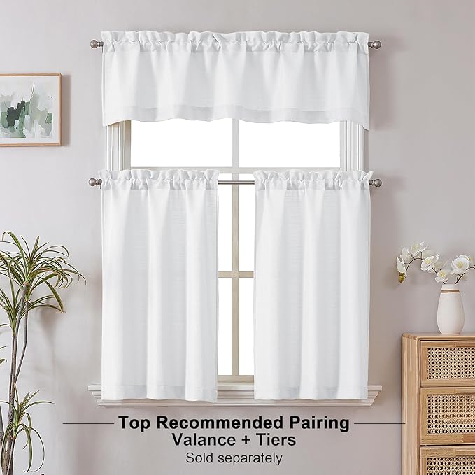 Chyhomenyc 2 Panels White Kitchen Curtains 36 Inch Length Tier Curtain, Faux Linen Textured Small Cafe Curtain, Light Filtering Short Window Curtains for Bathroom Basement, 30x36 inch, 2PCS