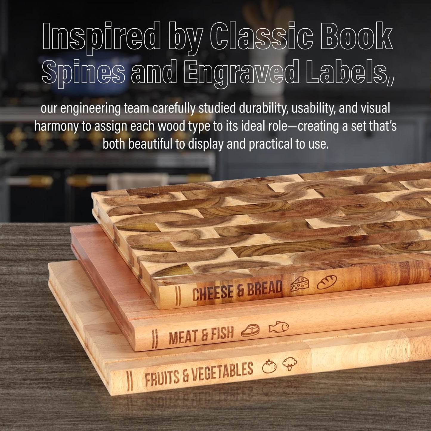 Book Cutting Board Set of 3 with Stand-The Cutting Board Library, Solid Wood Book-Shaped Boards for Serving & Display, Labeled Meat & Fish, Bread & Cheese, Fruits&Vegetables-Decorative Cutting Boards.