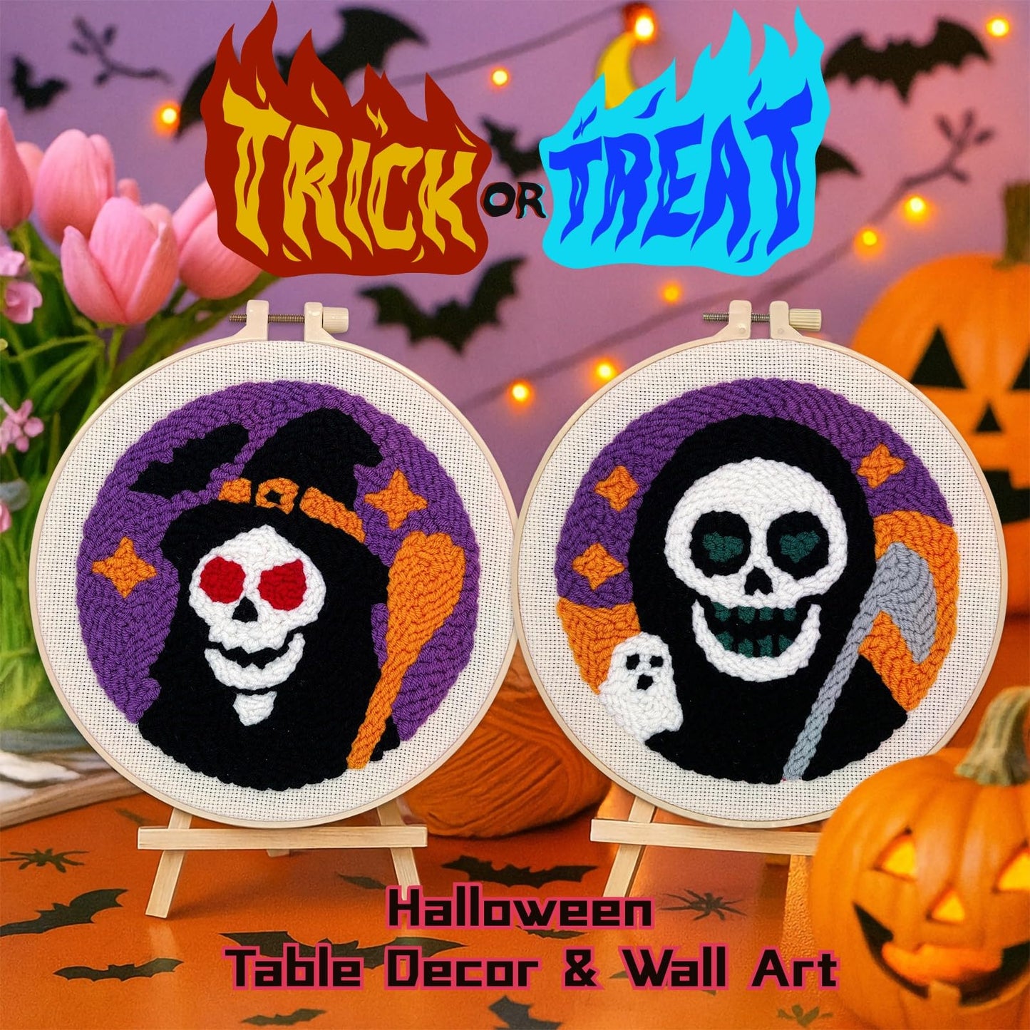 Halloween Punch Needle Kit for Adults Beginners, Easy Punch Embroidery Starter Set with Instruction, Fun DIY Needle Point Craft for Home Decor & Holiday Gift Idea(2pcs Skull Witch & Grim Reaper)