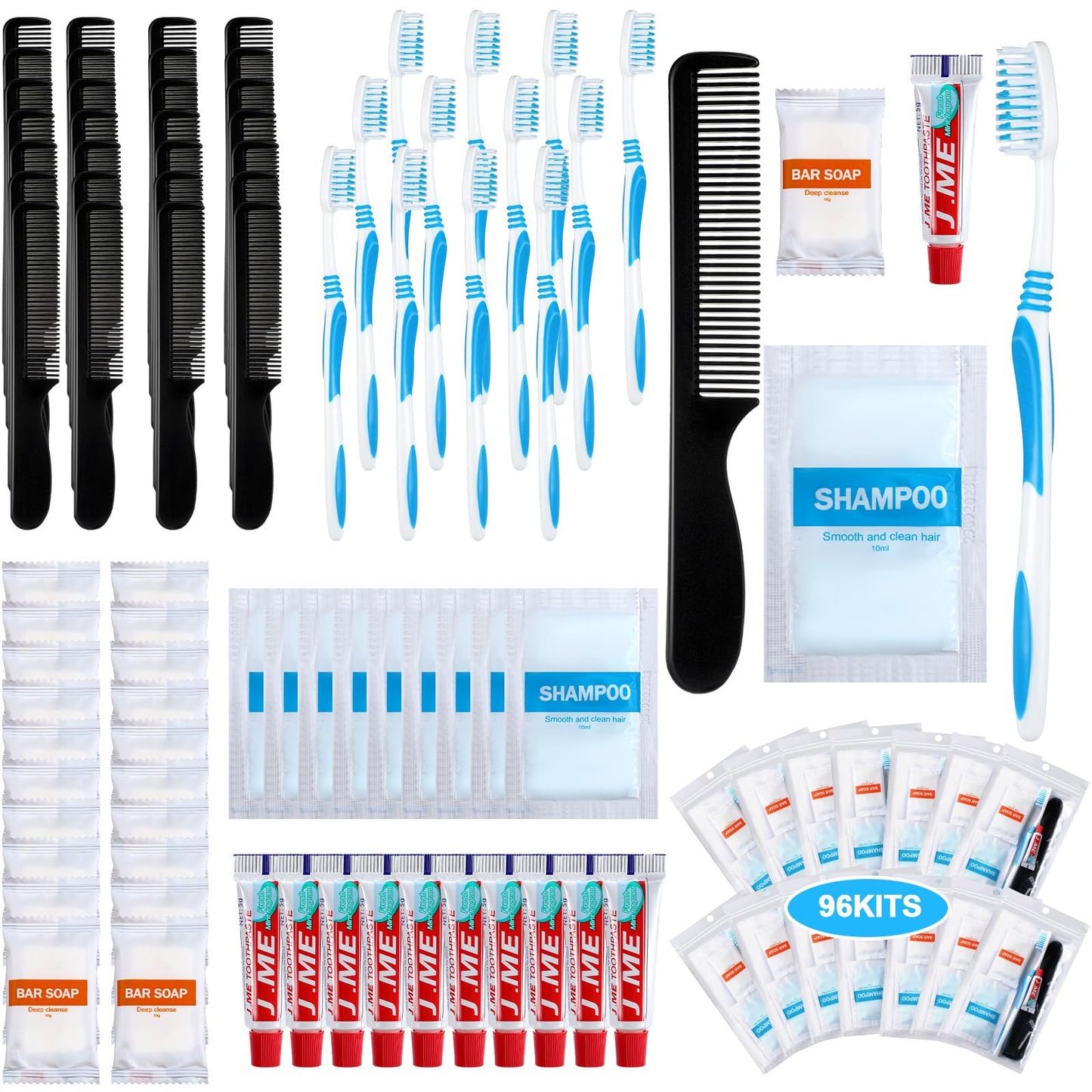 Tiangrid 96 Sets Personal Hygiene Kit Basic Toiletry Kits Homeless Supplies Bulk for Women, Men, Travel, Charity, Business Include 96 Shampoo, 96 Toothbrush, 96 Toothpaste, 96 Comb, and 96 Bath Soap