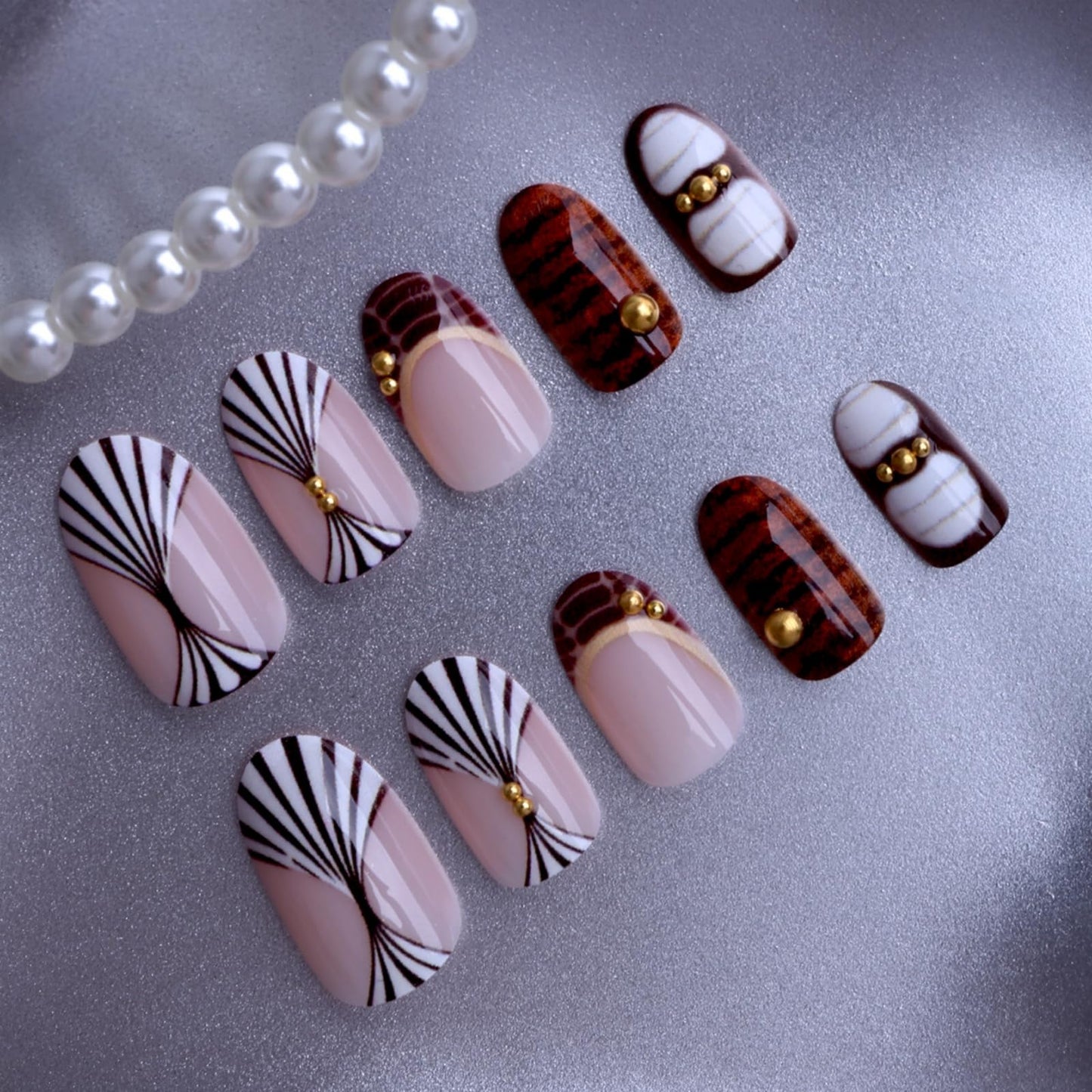 OCTOSWAVE Medium Press on Nails Almond Fake Nails Cute Artificial Nail with Gold Charm Stick on Nail for Women 24pcs