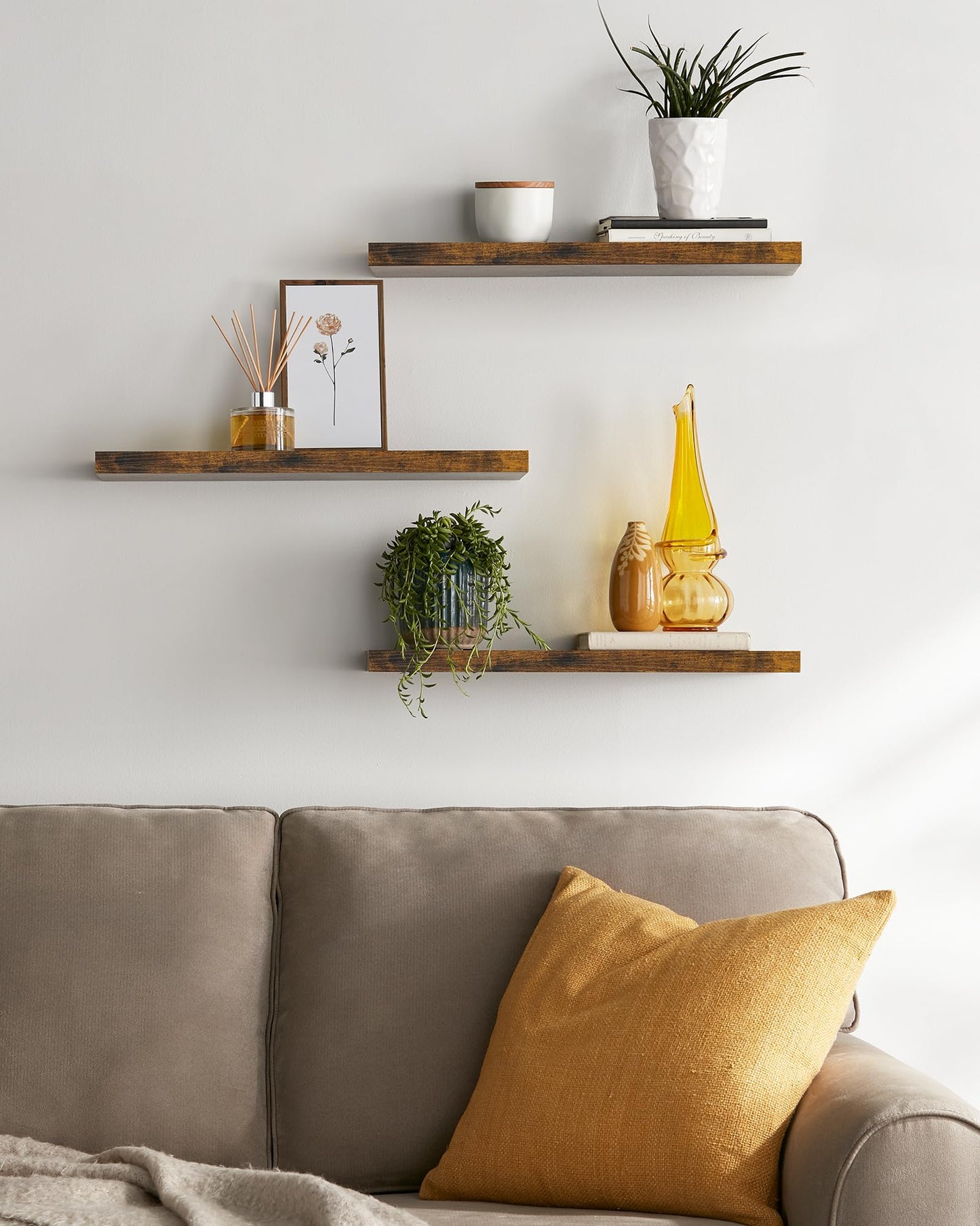 BAYKA Floating Shelves for Wall, Set of 3, 22.5 Inch Rustic Wood Wall Mounted Shelving for Bathroom, Bedroom, Living Room or Kitchen, Hanging Display Decor Book Shelf with 22 lbs, Rustic Brown