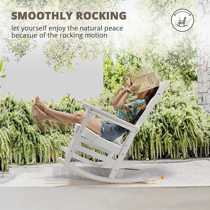 LUE BONA Outdoor Rocking Chairs Set of 2, Weather Resistant HDPS Poly Rocker Chairs, 350lb Heavy Duty, Oversized Porch Rocker for Adult, High Back Smooth Rocking Chair for Outdoor & Indoor, White