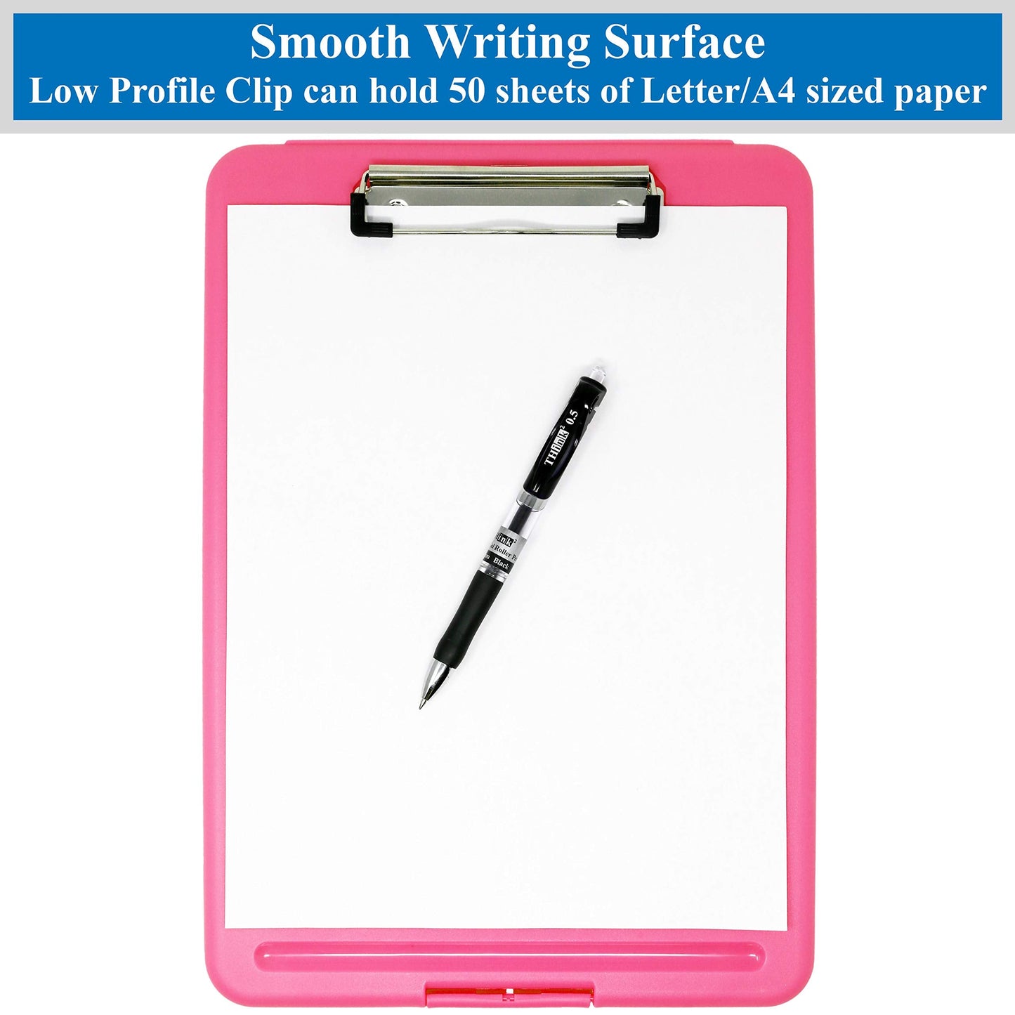 Think2Master Pink Plastic Storage Clipboard. | 25% Heavier & 25% Sturdier| Heavy Duty and Won’t Flex or Bend Like Other Brands (Compare The Weight). Storage Compartment Holds 150 Letter Sized Paper.