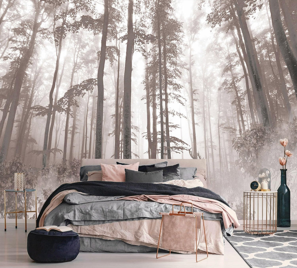 AFZEVEB-Forest Wallpaper Vintage Trees with Deer Wall murals for Bedroom 136"x96" (Not Peel and Stick)