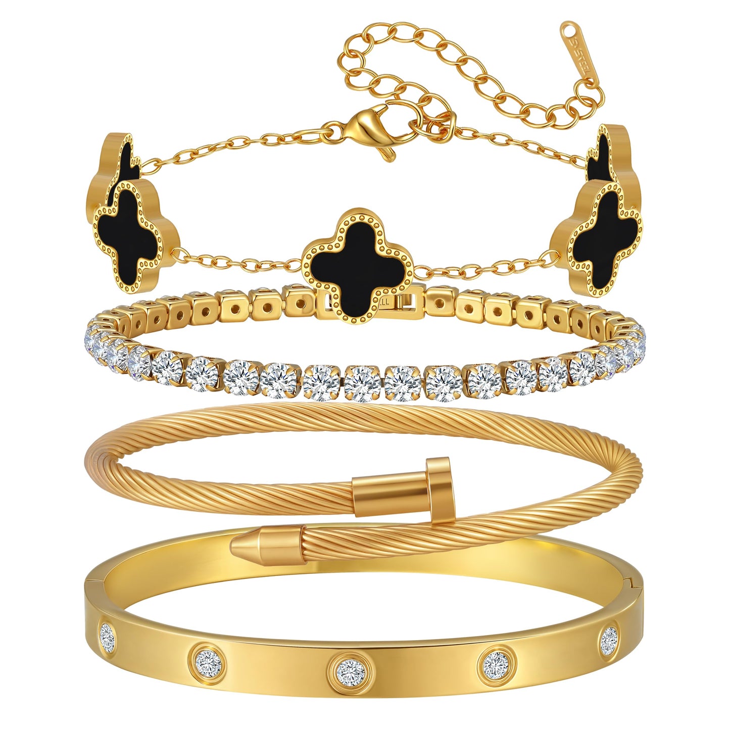 Jzrow 18K Gold Plated Bangle Bracelets Stack for Women,Four Leaf Clover Stackable Bracelets Non Tarnish,4 Pcs Jewelry sets Gifts(Black)