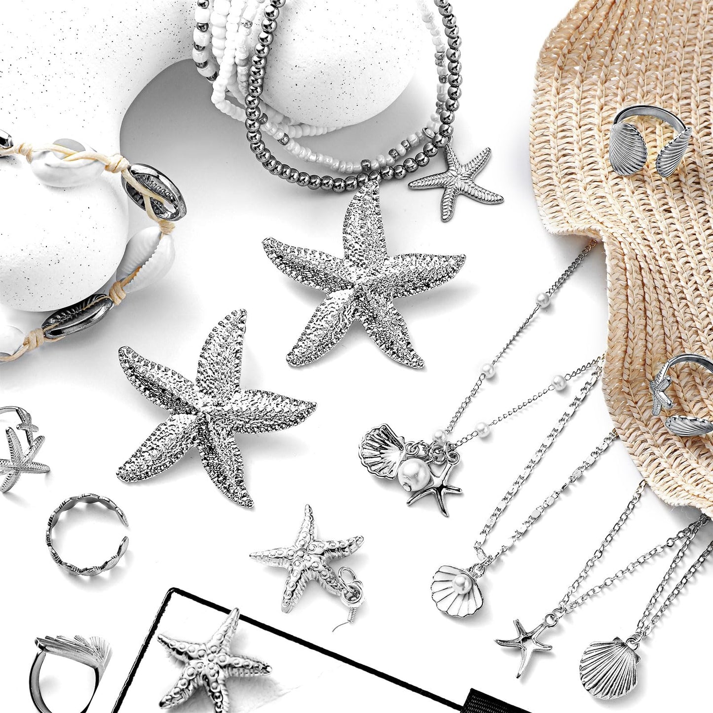 16 Pcs Seashell Starfish Jewelry Set for Women Seashell Earrings Rings Boho Layer Charm Necklace Summer Beach Bracelets Natural White Anklet for Summer Holiday Vacation Accessories(Silver,Beach)