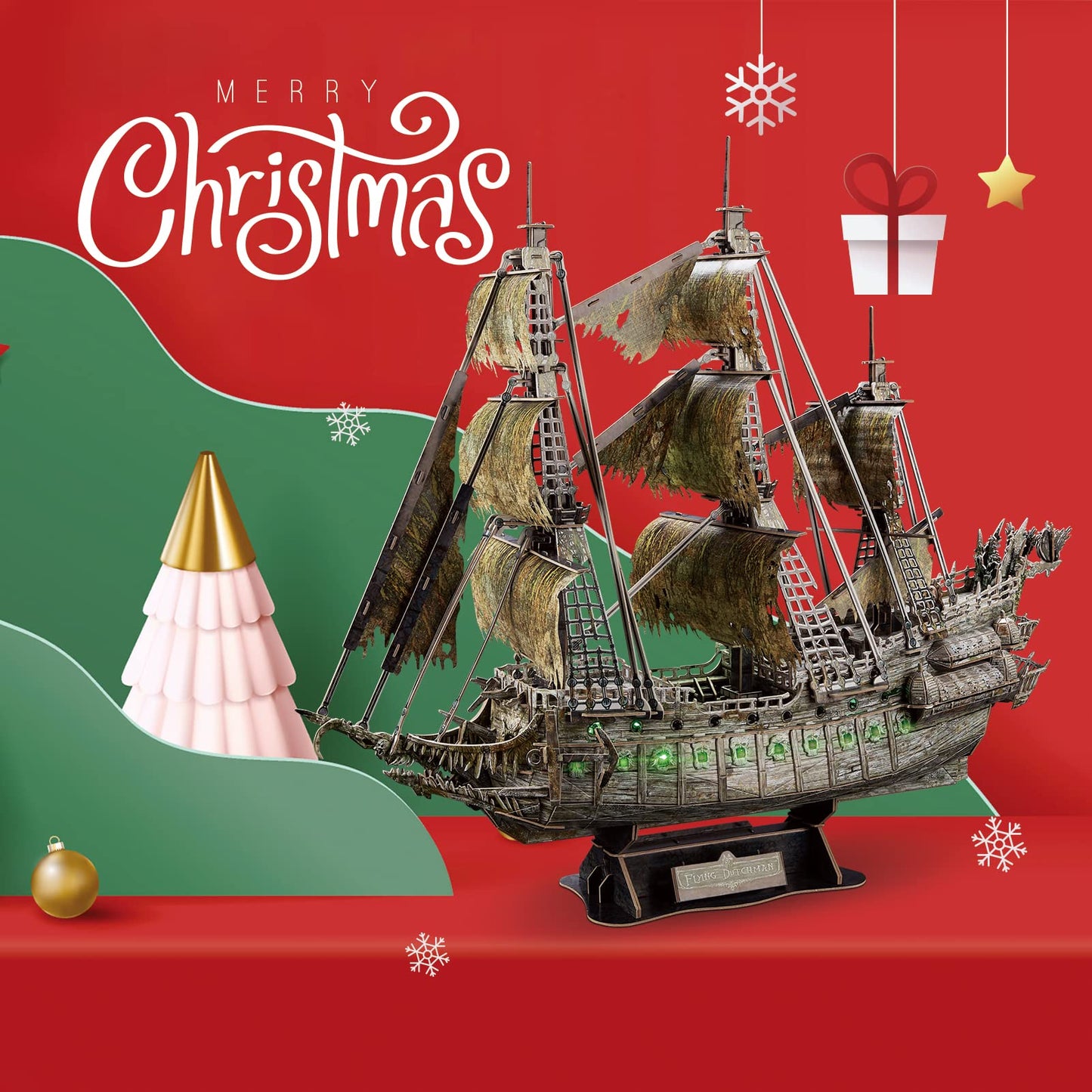 CubicFun 3D Puzzles for Adults Green LED Flying Dutchman, 360 Pieces Pirate Ship Arts & Crafts for Adults Gifts for Men Women Model Kit, Lighting Ghost Ship Easter Gift for Him