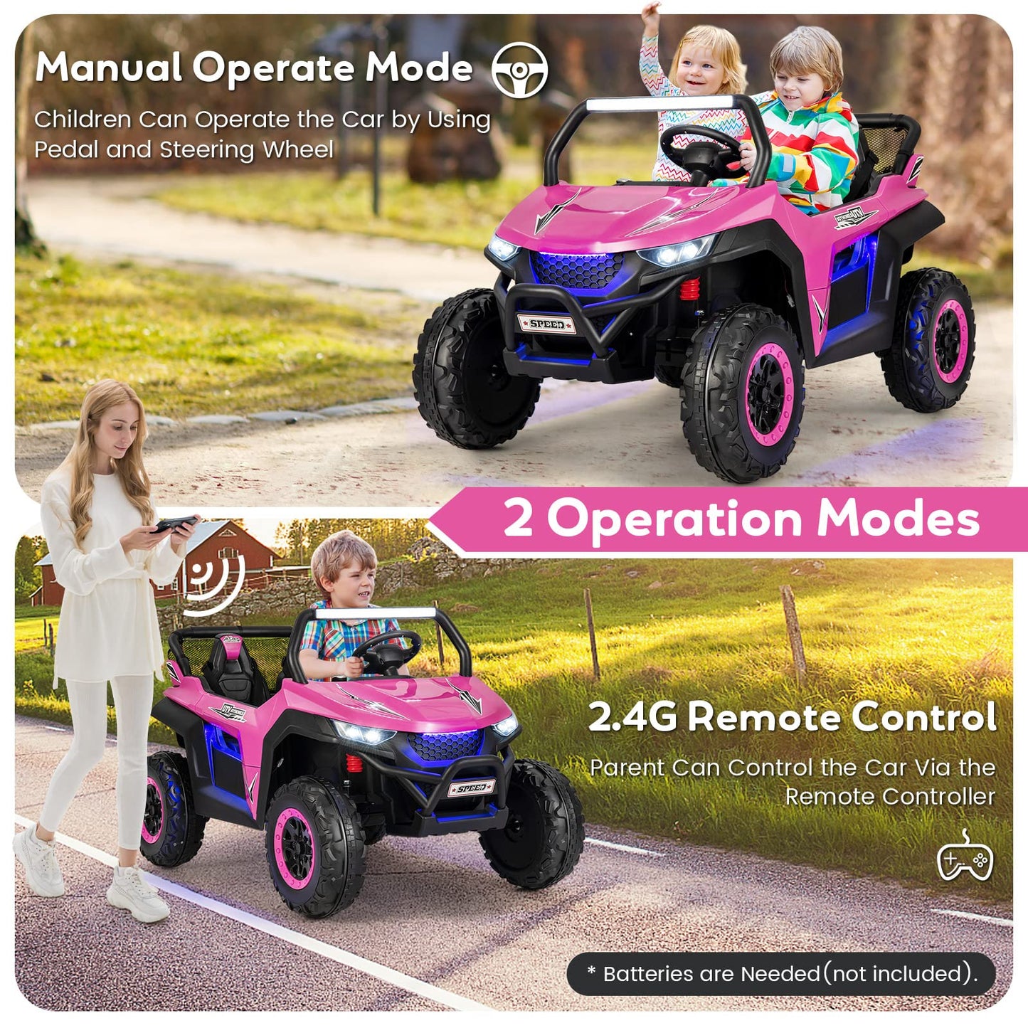 HONEY JOY Pink 2 Seater Ride On Car, 12V Battery Powered Ride On Truck w/Remote Control, Spring Suspension, High/Low Speed, Storage, Music, USB, Ambience Lights, Electric Vehicle UTV for Kids (Pink)