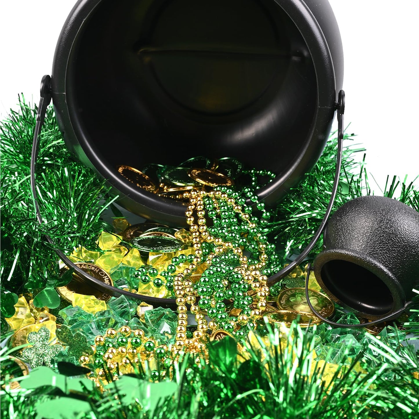 St Patrick's day 8" Black Cauldron Candy Kettle Set with Lucky Shamrock Plastic Coins Shamrock Garlands for St Patty Decorations, St. Patricks Day Party Favor