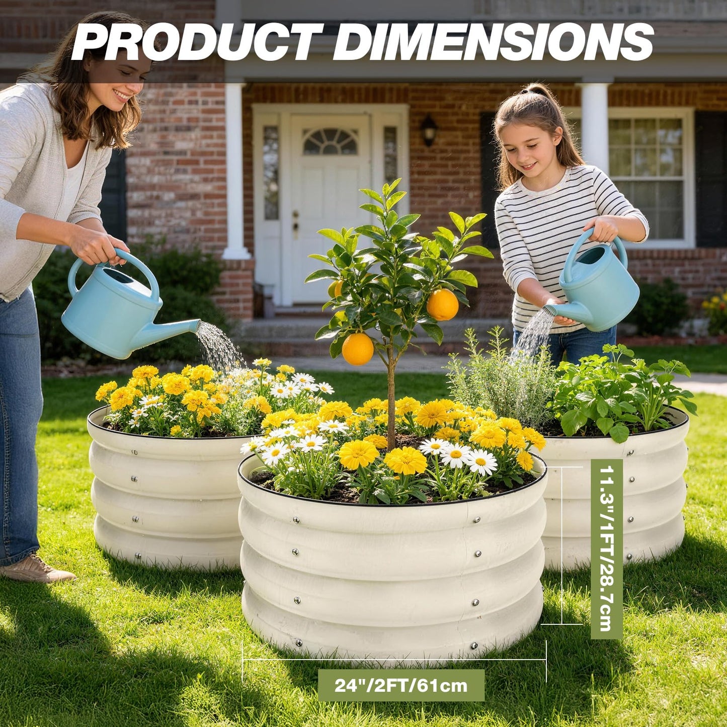 SHALL 8PC Galvanized Raised Garden Bed Kit, 3Pc 2x2x1ft Round Planter Boxes Outdoor W/Mini Seed Spreader, Disk Seeder, 2X Seeding Transplanters, Protective Gloves for Flowers Fruits Vegetables Herbs