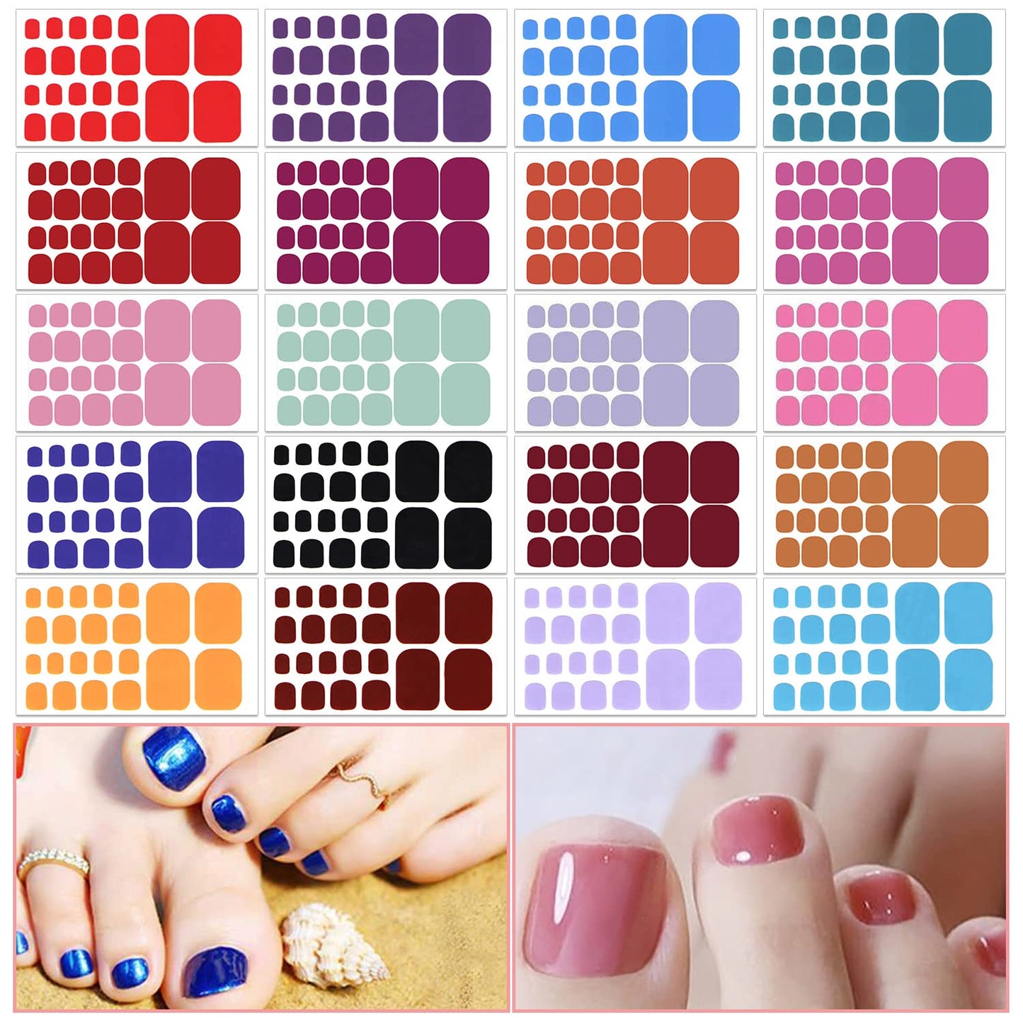 SILPECWEE 20 Sheets Toenail Sticker Wraps - Solid Color Gel Nail Strips for Women's Manicure - Self-Adhesive Nail Polish Art Sticks - 1pc File Included