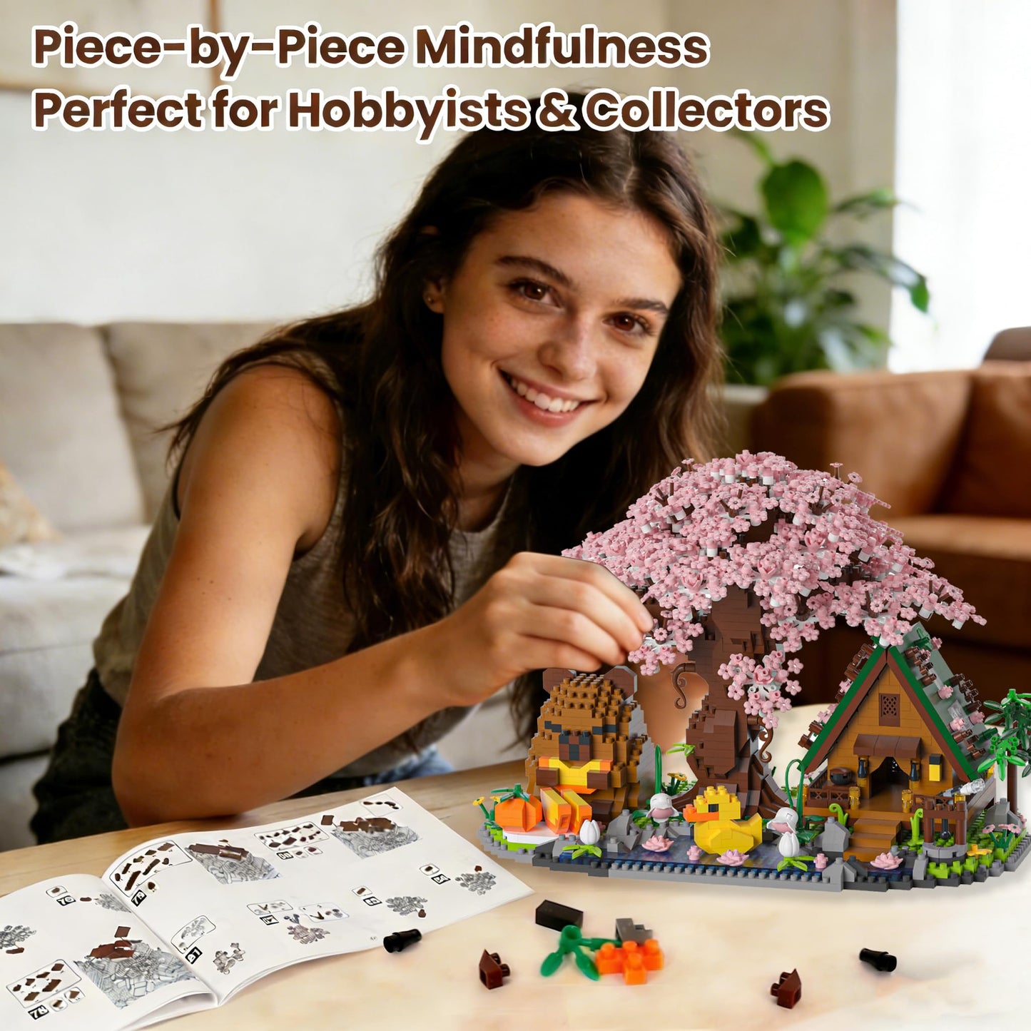 Capybara Cherry Blossom Bonsai Tree House Building Sets for Adults & Kids - 2280PCS Micro Mini Blocks, Artificial Flower for Desk, Office, Home Decor, DIY Arts & Crafts Kits, Ages 8+ Girls & Boys Gift
